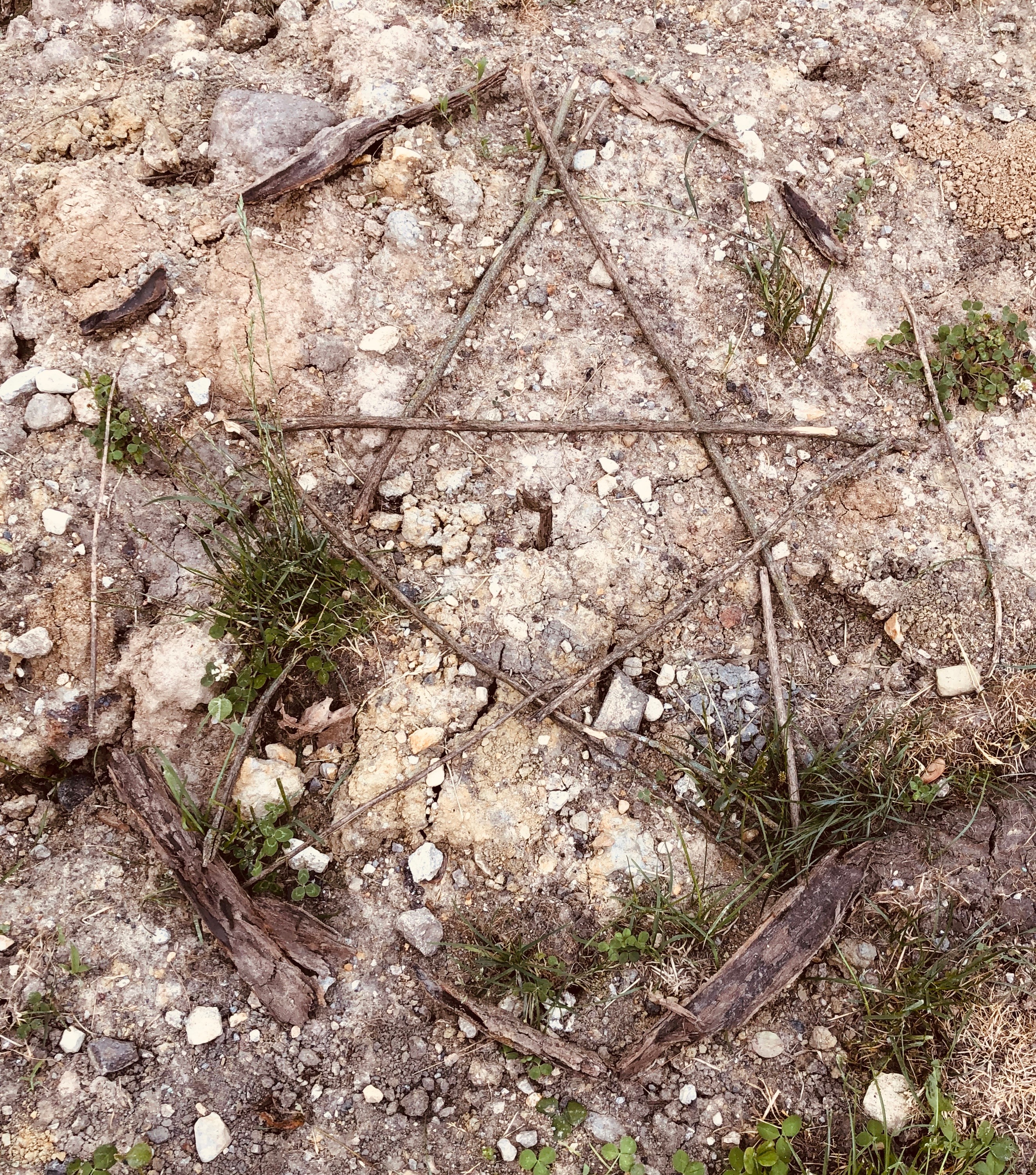 Star shape made of sticks on dirt ground with small rocks and grass patches.