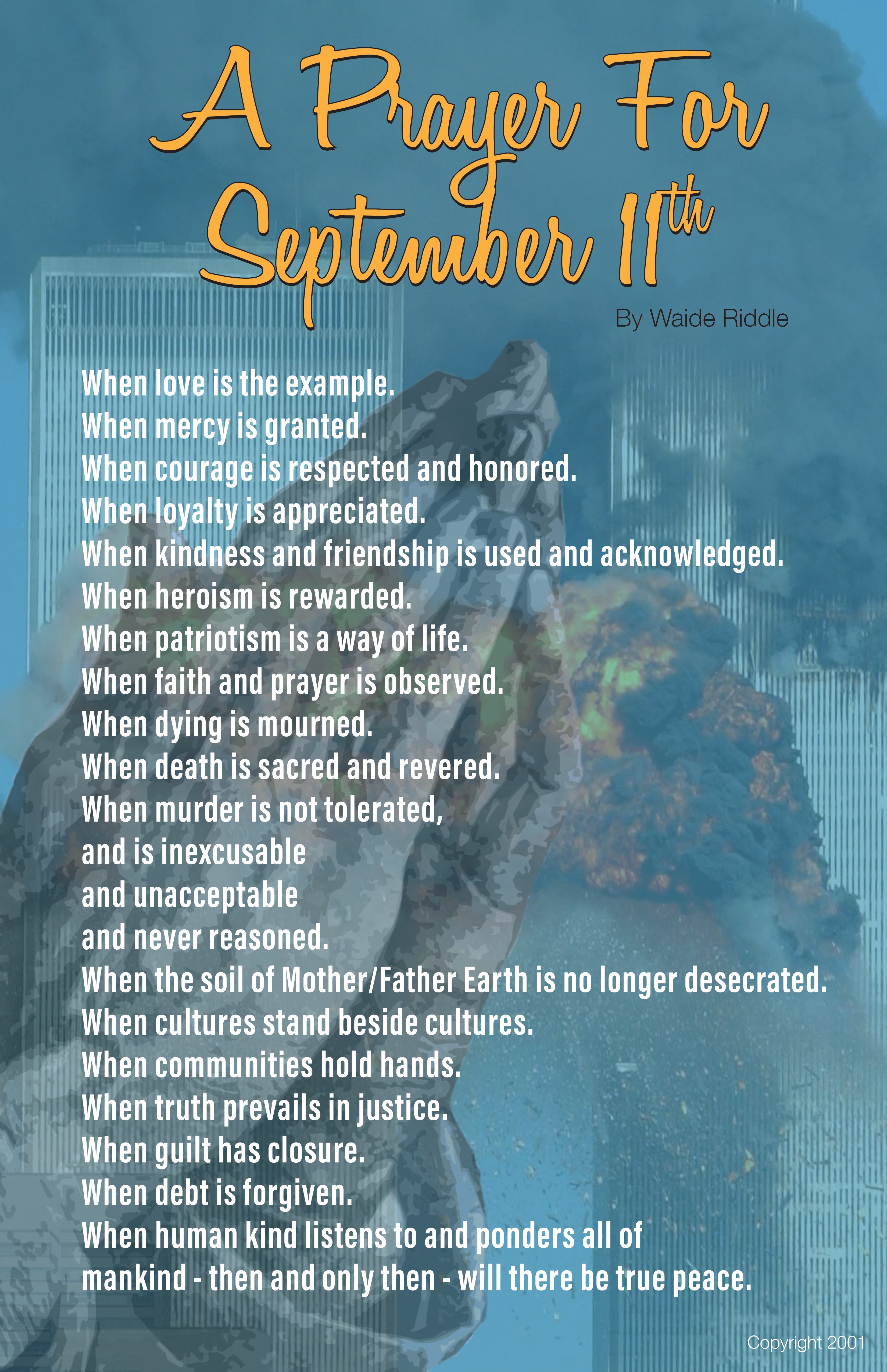 Text-based prayer for September 11th with a blue background and decorative font, listing virtues and reflections.
