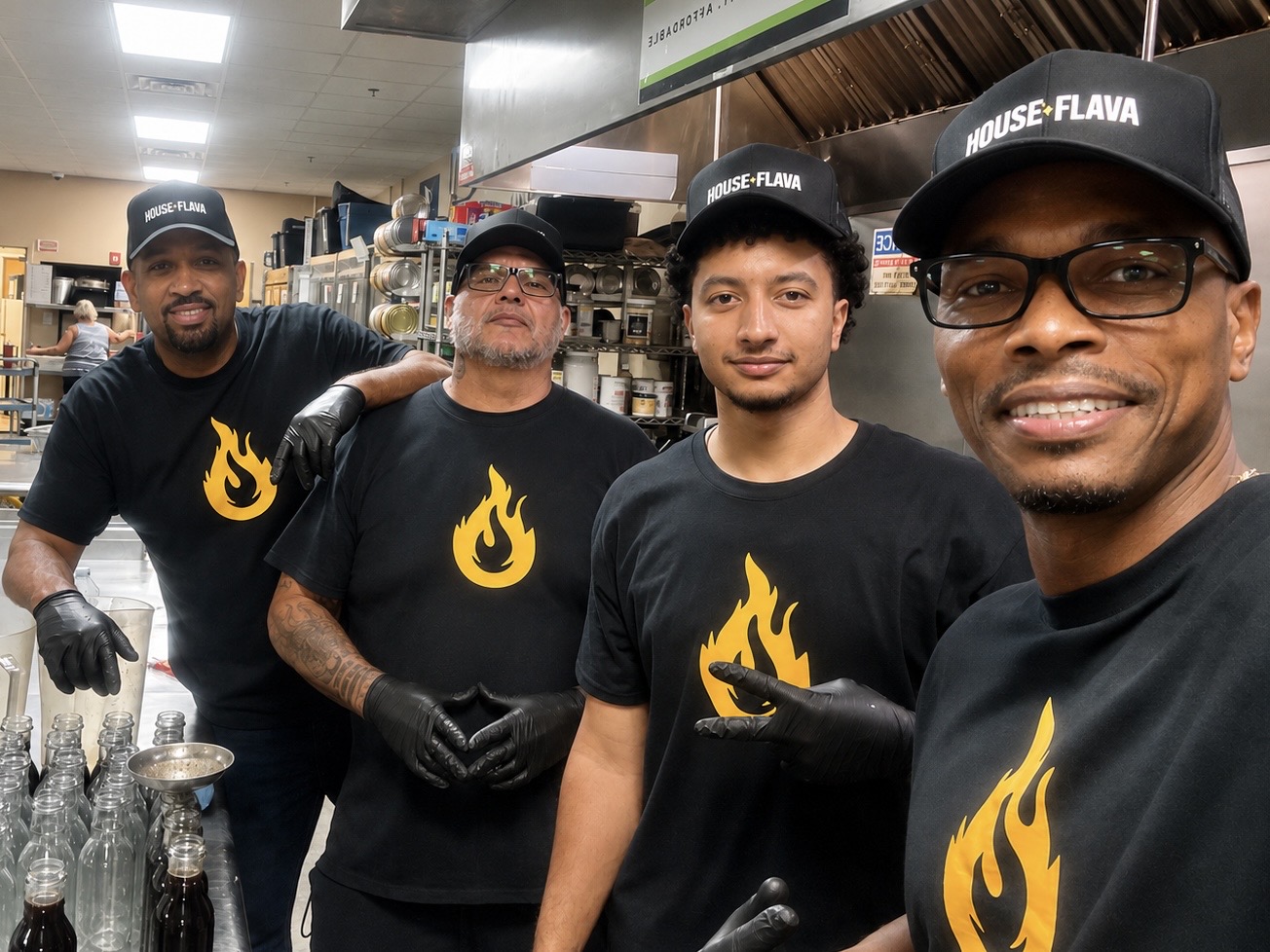 Four people wearing black shirts with flame logos and black caps, standing in a store or kitchen setting.