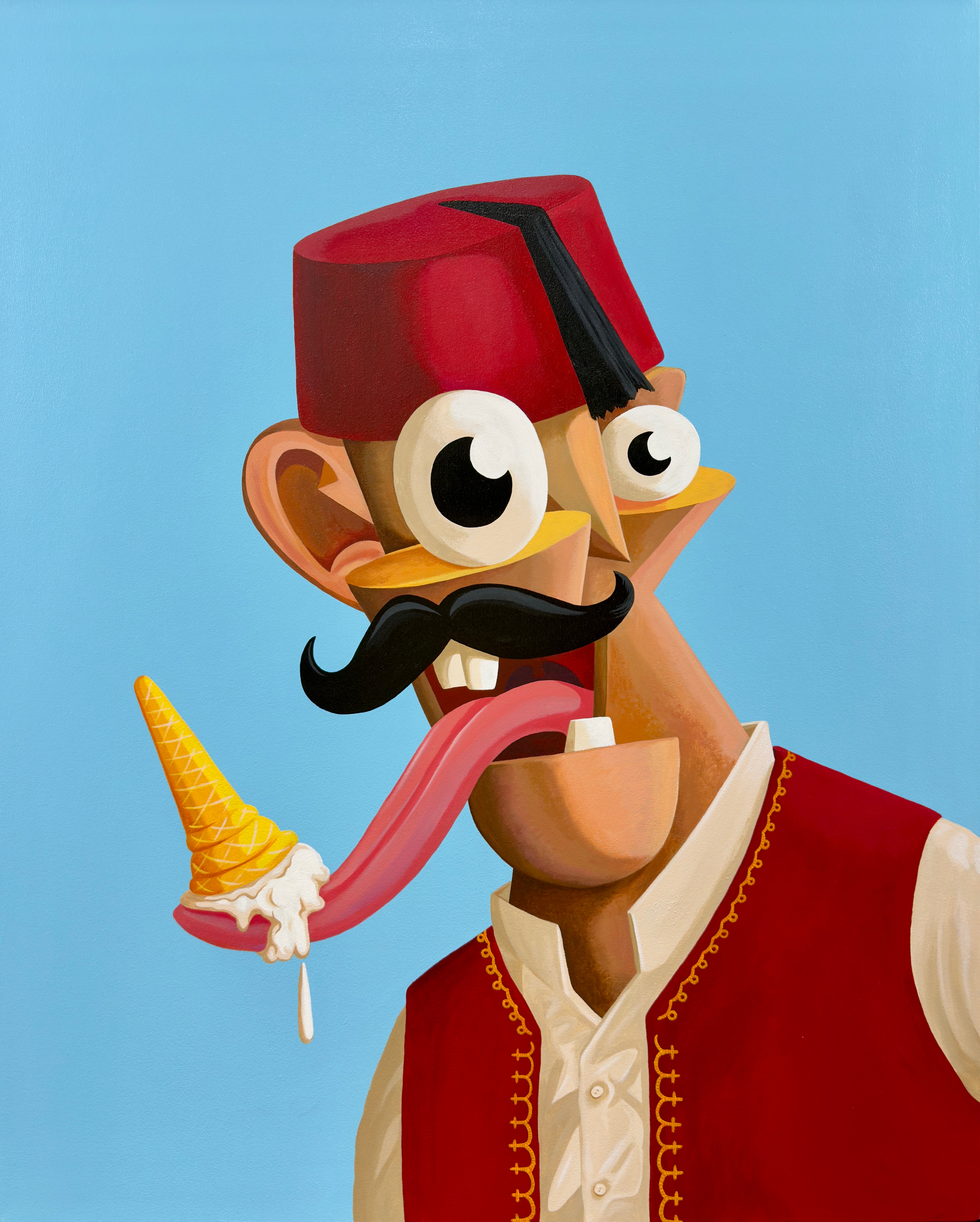 Cartoon character with a red fez, large eyes, mustache, holding an ice cream cone, sticking out tongue, against blue background.