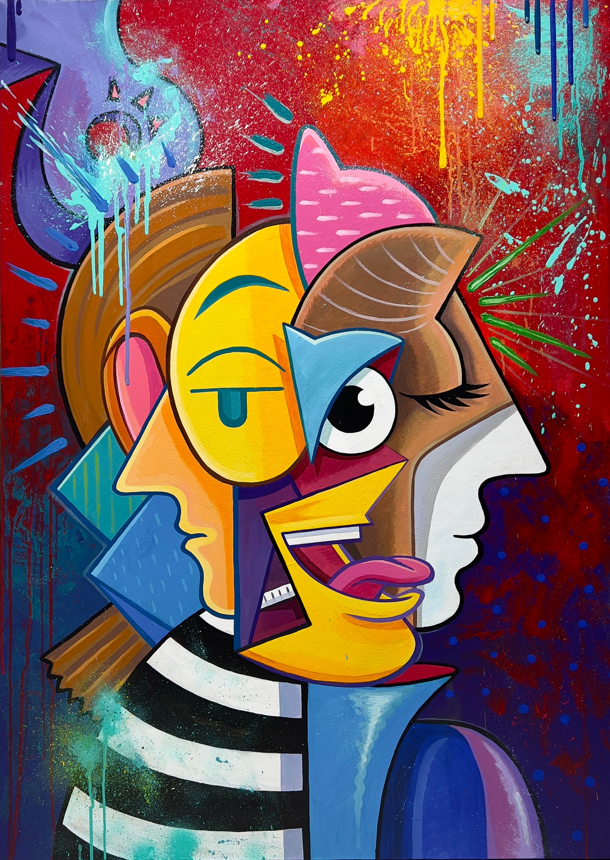Abstract colorful face with various shapes, patterns, and vibrant background, resembling a cubist or surrealist artwork.