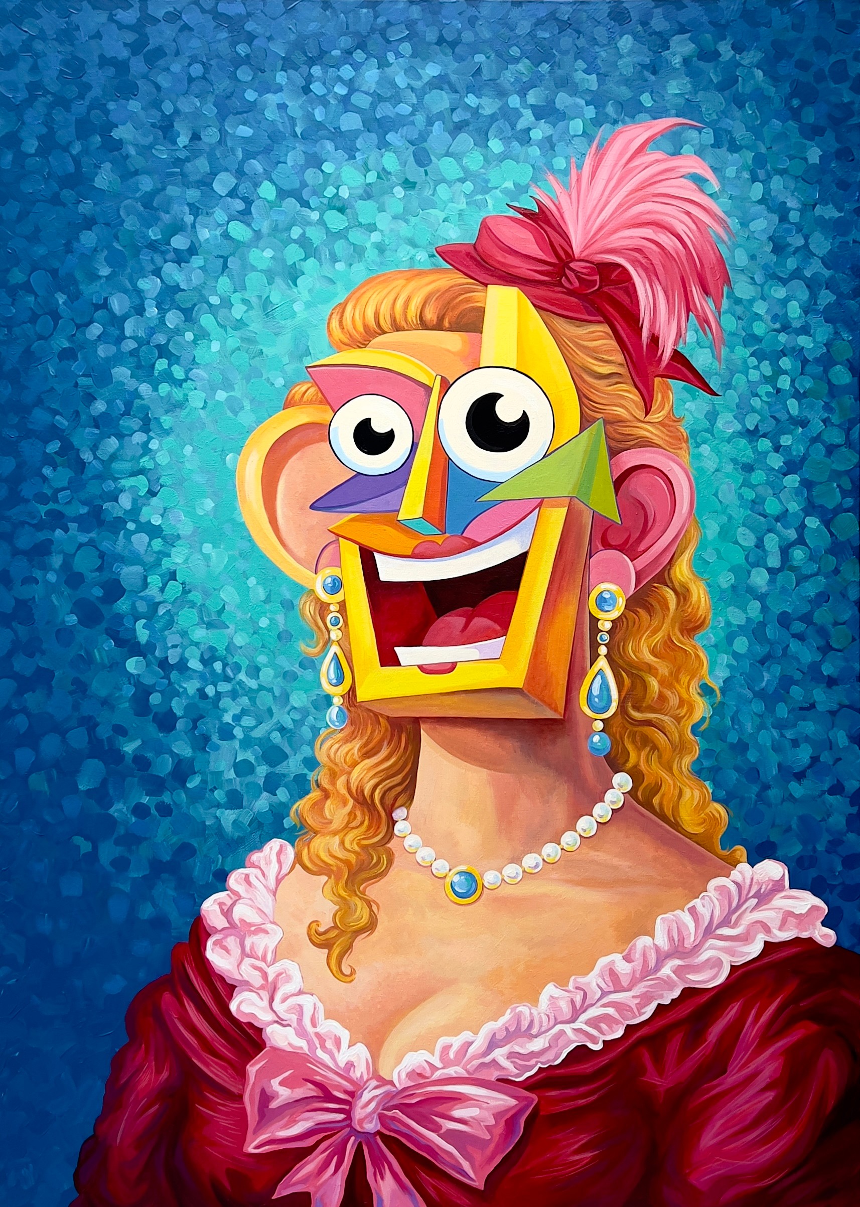 Colorful puppet with exaggerated facial features, pink feathered hair, and a pearl necklace, against a blue background.