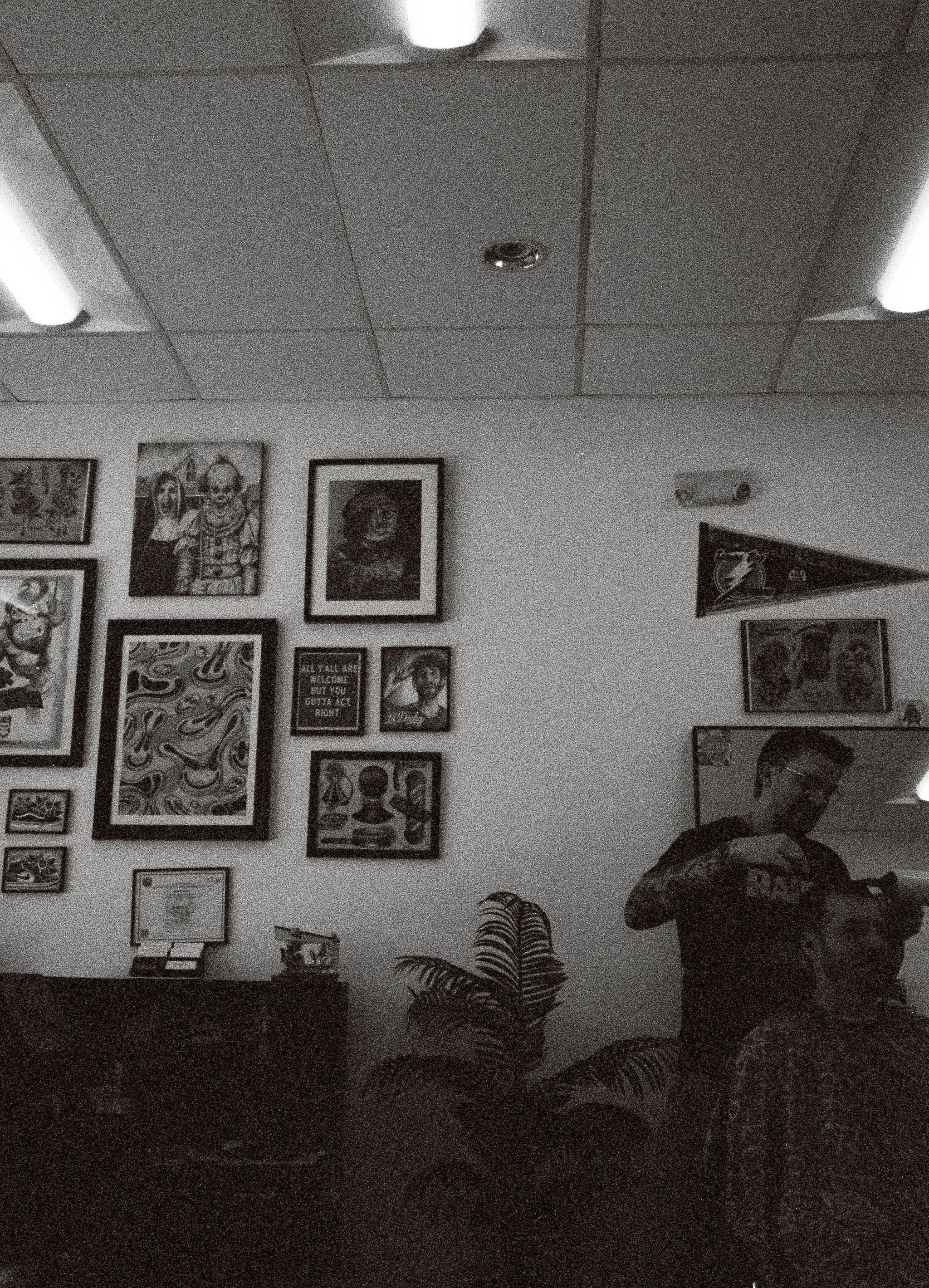 Person taking a selfie in a room with framed pictures on the wall, a plant, and a ceiling with lights.