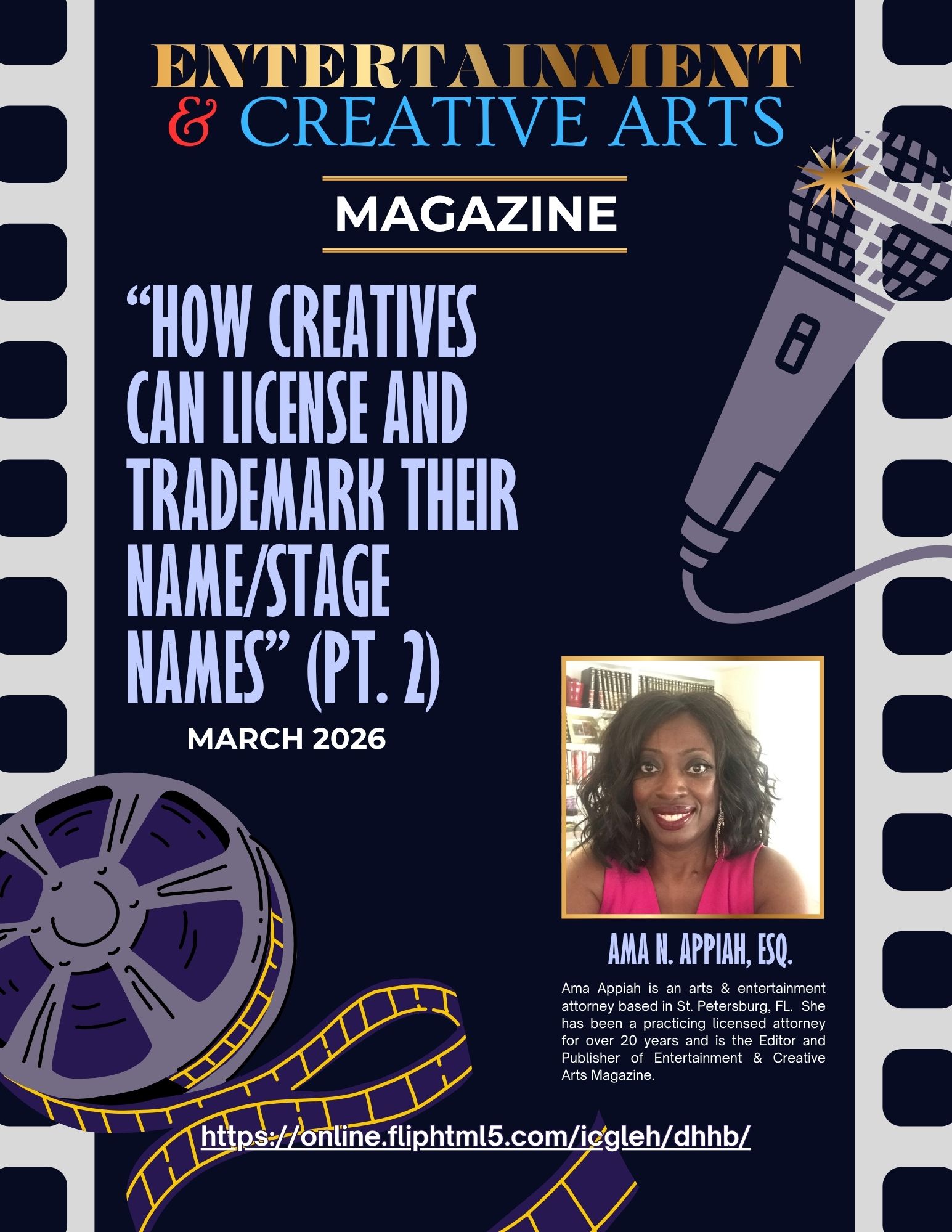 Magazine cover titled 'Entertainment & Creative Arts' with a film reel, microphone, and a photo of a woman smiling.