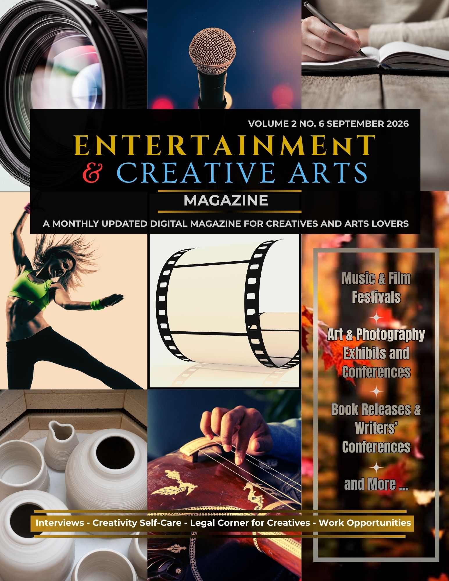 Magazine cover with images of a camera lens, microphone, person dancing, film reel, and book, with colorful text and headlines.