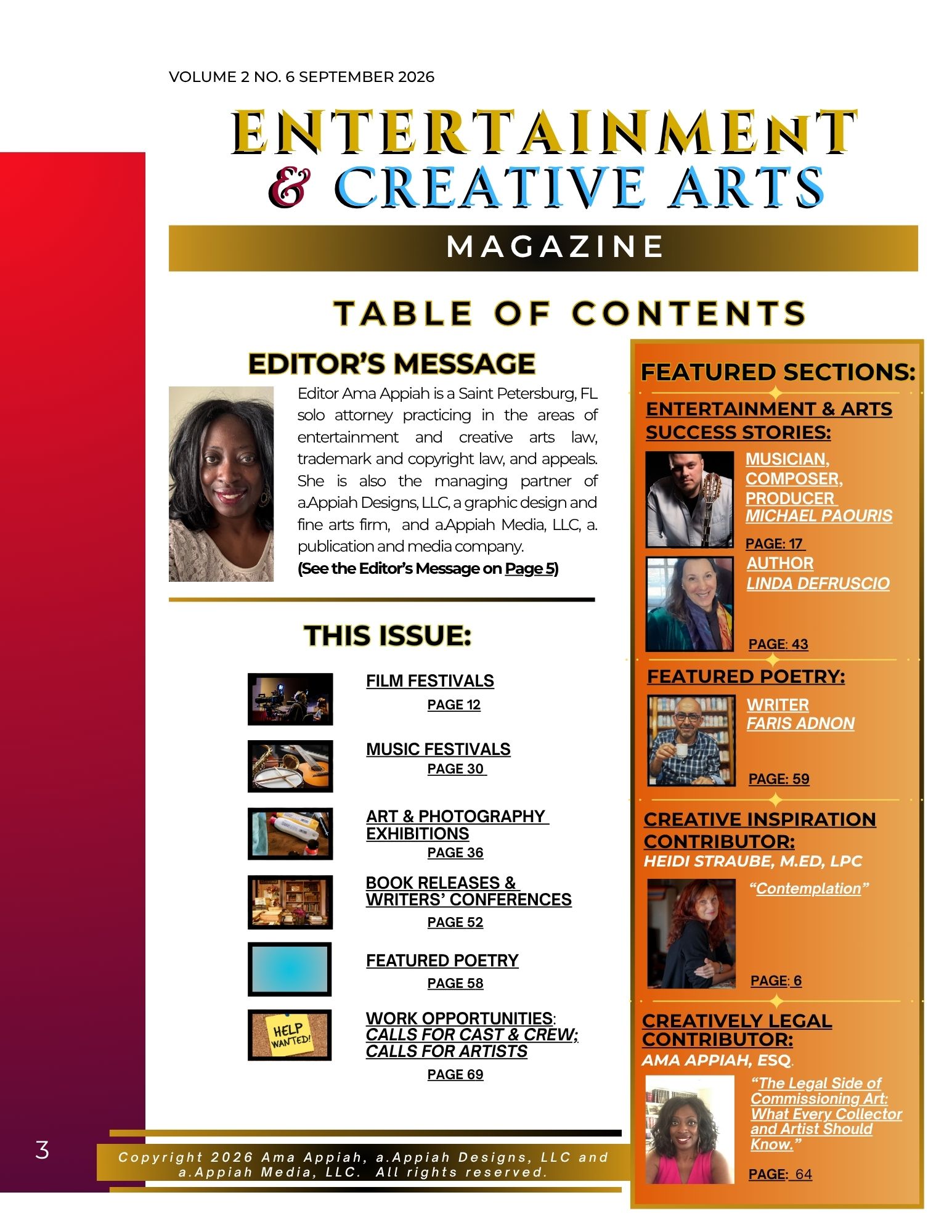 Magazine cover titled 'Entertainment & Creative Arts' with table of contents, feature articles, and images of festival and poetry events.