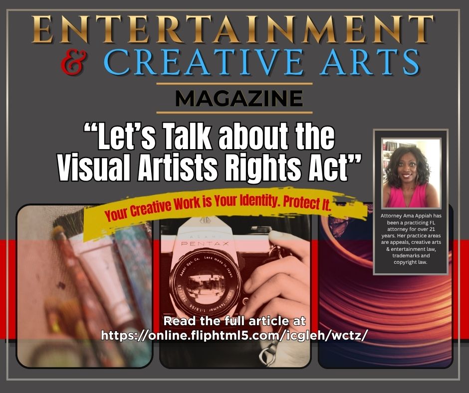 Magazine cover titled 'ENTERTAINMENT & CREATIVE ARTS' with headline about visual artists' rights, a photo of a person holding a camera, and a smaller photo of a woman smiling.