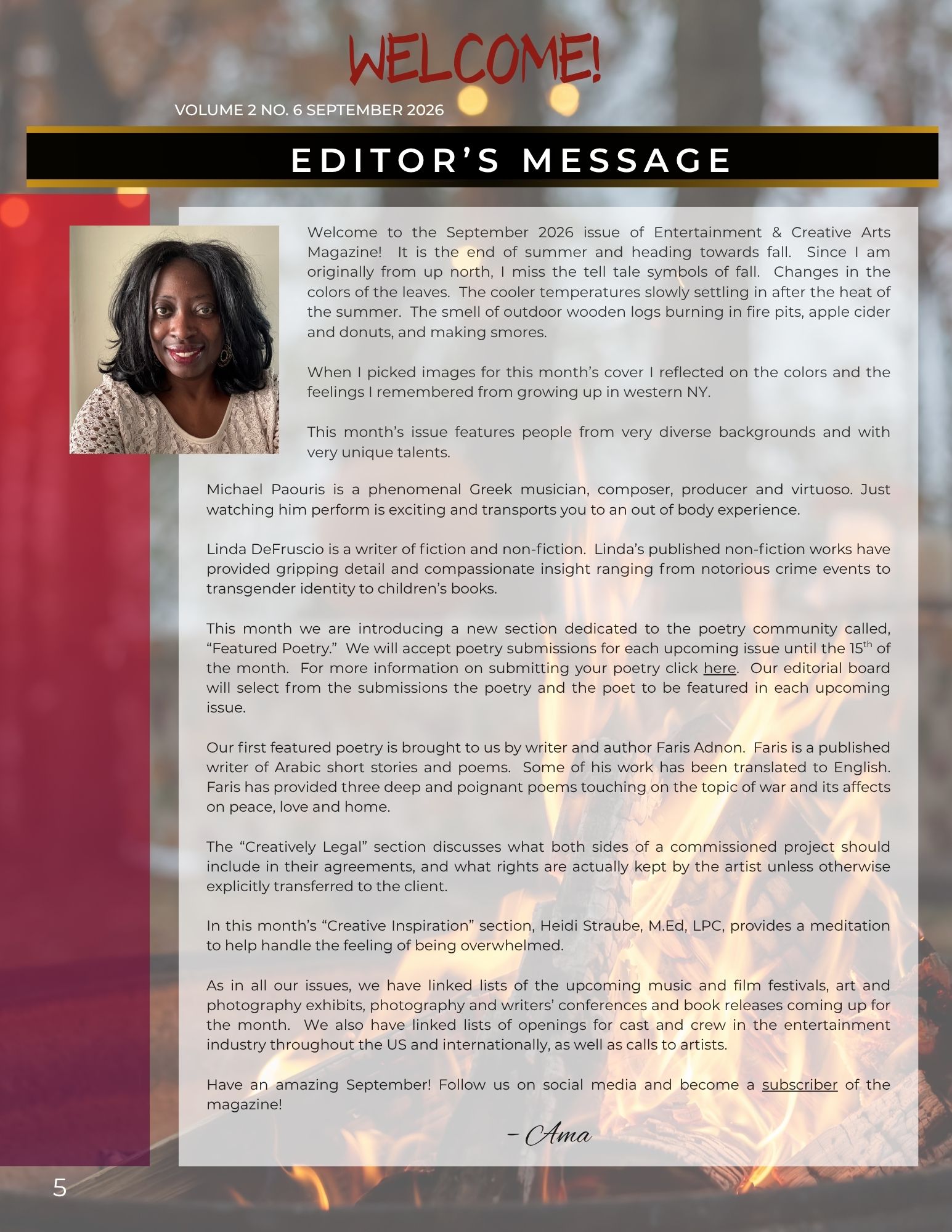 Welcome message with a woman’s portrait, text about an editor's message, and a red 'WELCOME!' sign at the top.