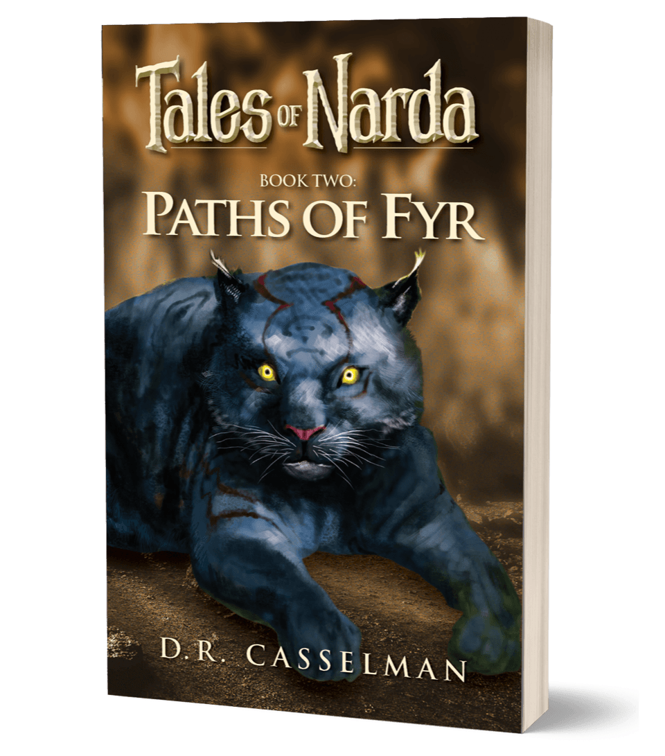 Book cover titled 'Tales of Narda: Book Two, Paths of Fyr' featuring a black panther with yellow eyes and red markings.