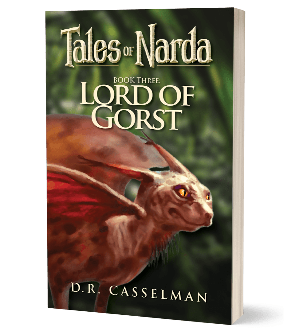 Book cover titled 'Tales of Narda: Book Three Lord of Gorst' featuring a creature with a dragon-like face and red wings, green background.