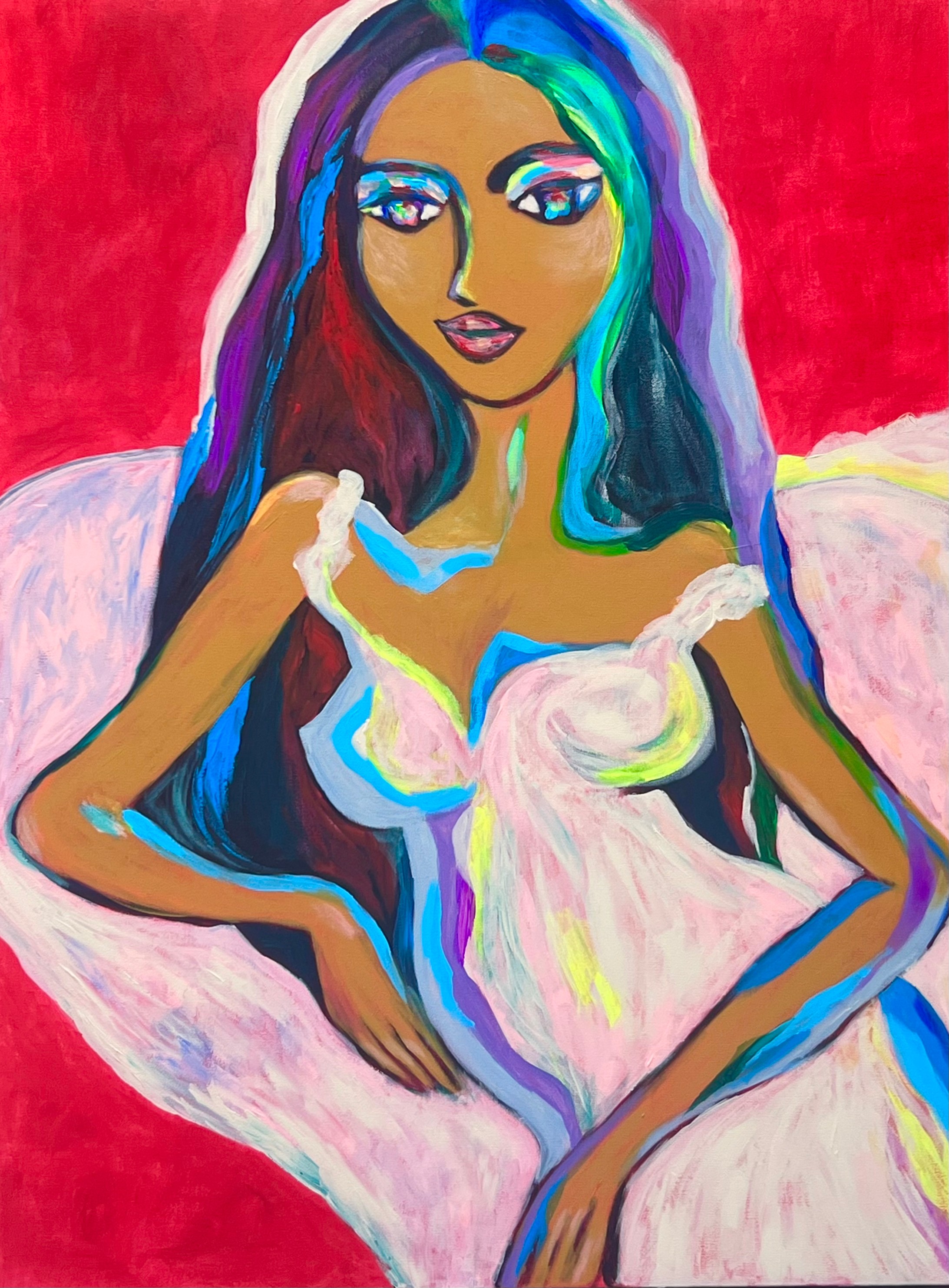 Colorful portrait of a woman with long, multicolored hair, wearing a white dress, against a red background.
