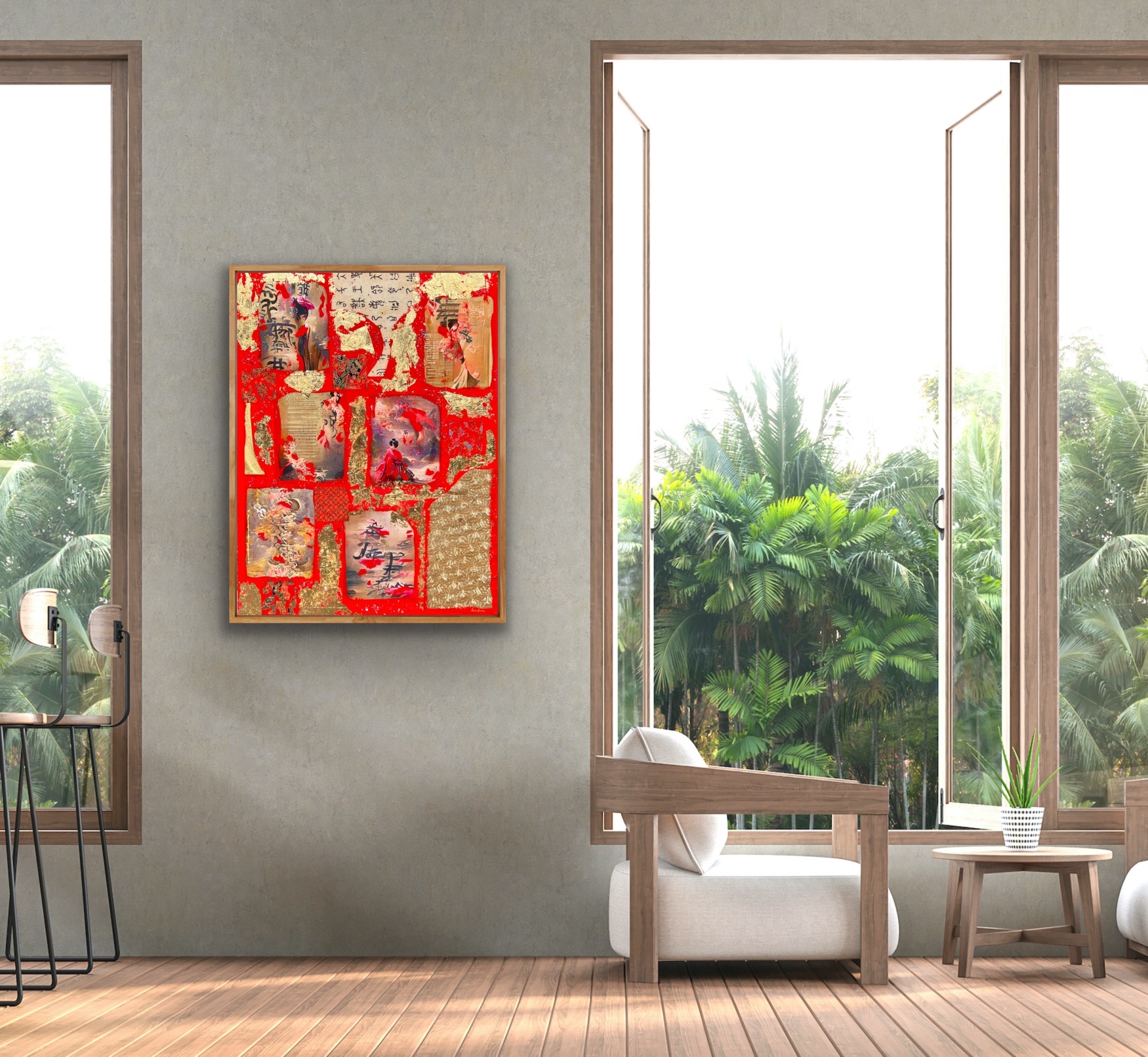 Interior room with a large window showing greenery outside, a white armchair, a small table, and a colorful abstract painting on the wall.