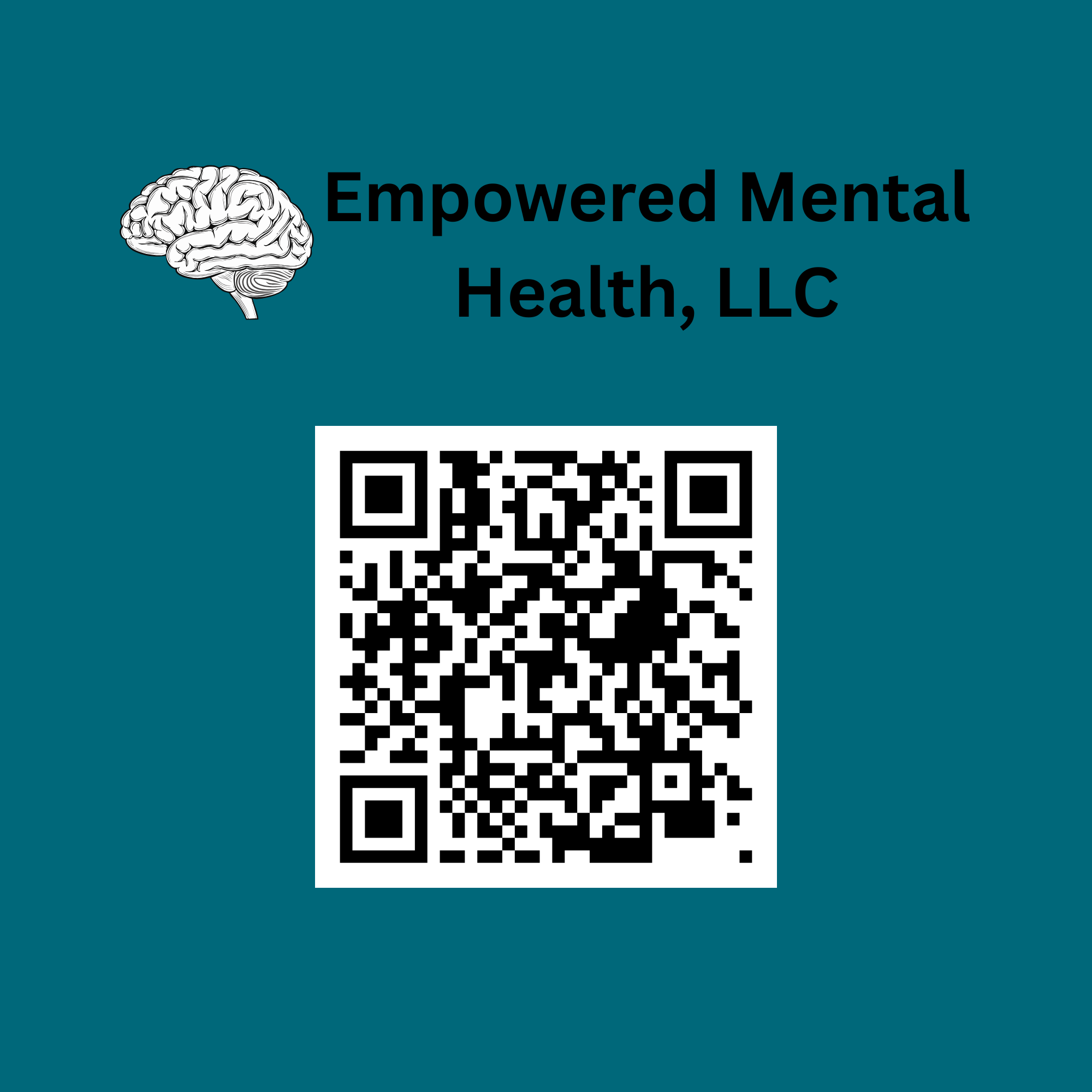 Business card with a brain icon, company name, and a QR code on a teal background.