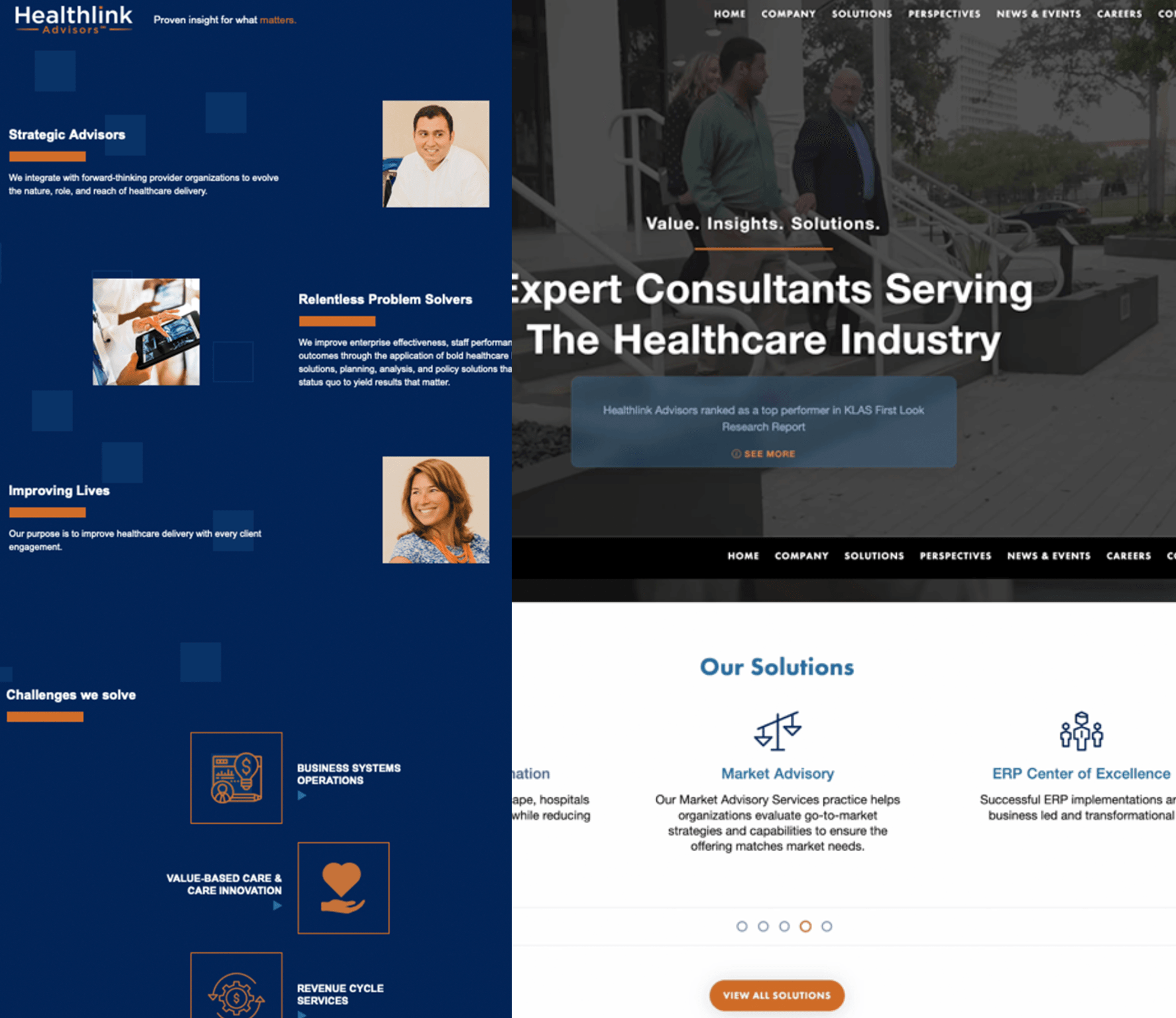Split screen with healthcare website on the left and consulting scene on the right. Left shows blue background, text, and images. Right shows people in a meeting.