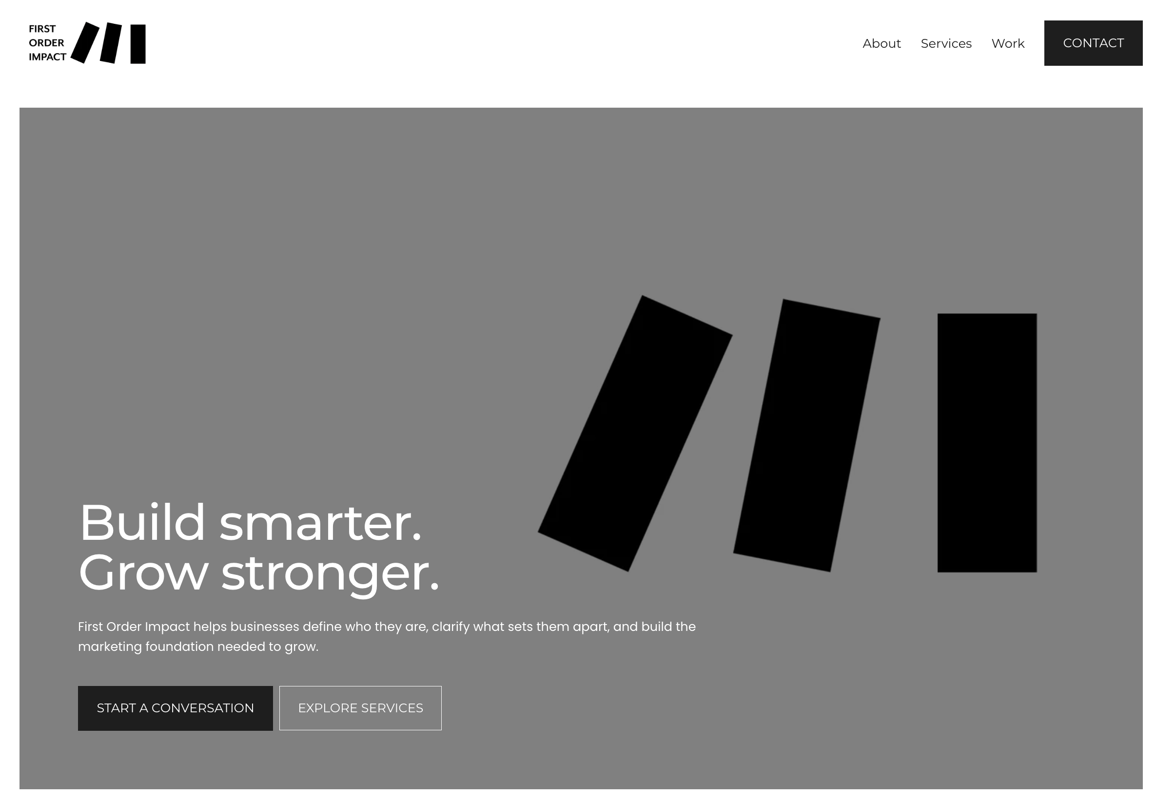 Website homepage with a gray background, black quotation marks, and white text about building smarter and growing stronger.