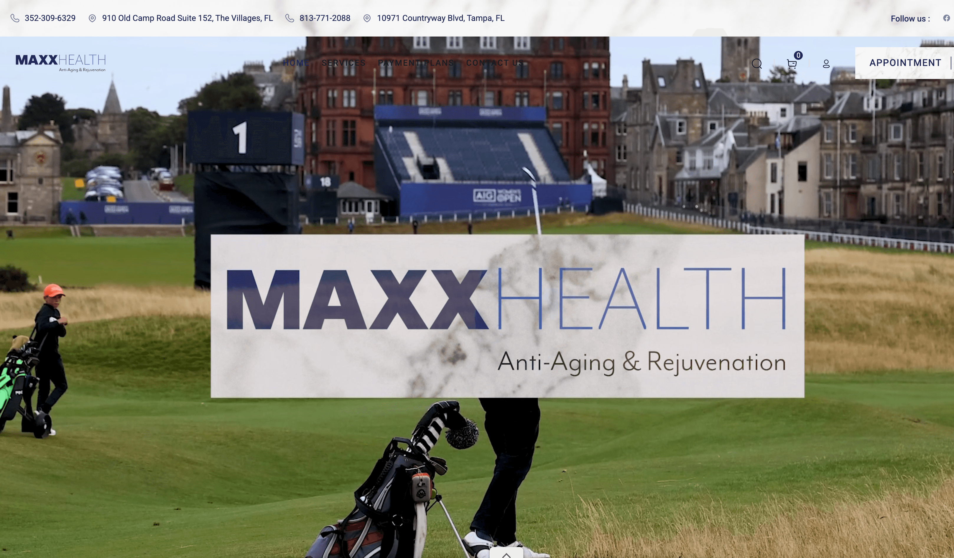 Golf course with a person and golf bags, advertising MAXX HEALTH for anti-aging and rejuvenation, with buildings in the background.