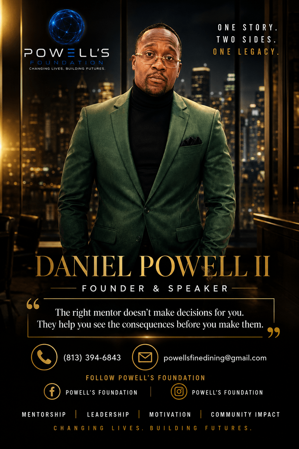 Man in green suit standing in front of city skyline at night, promotional poster for Daniel Powell II, founder and speaker.