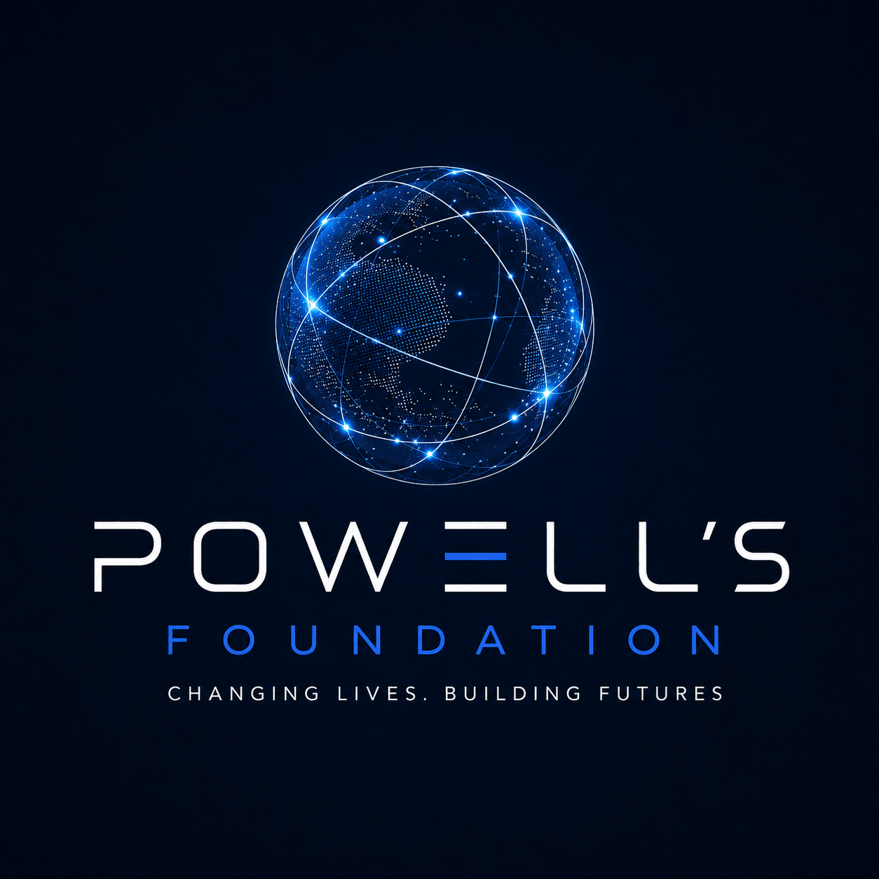 Logo with a glowing blue globe and text for Powell's Foundation, with tagline about changing lives and building futures.