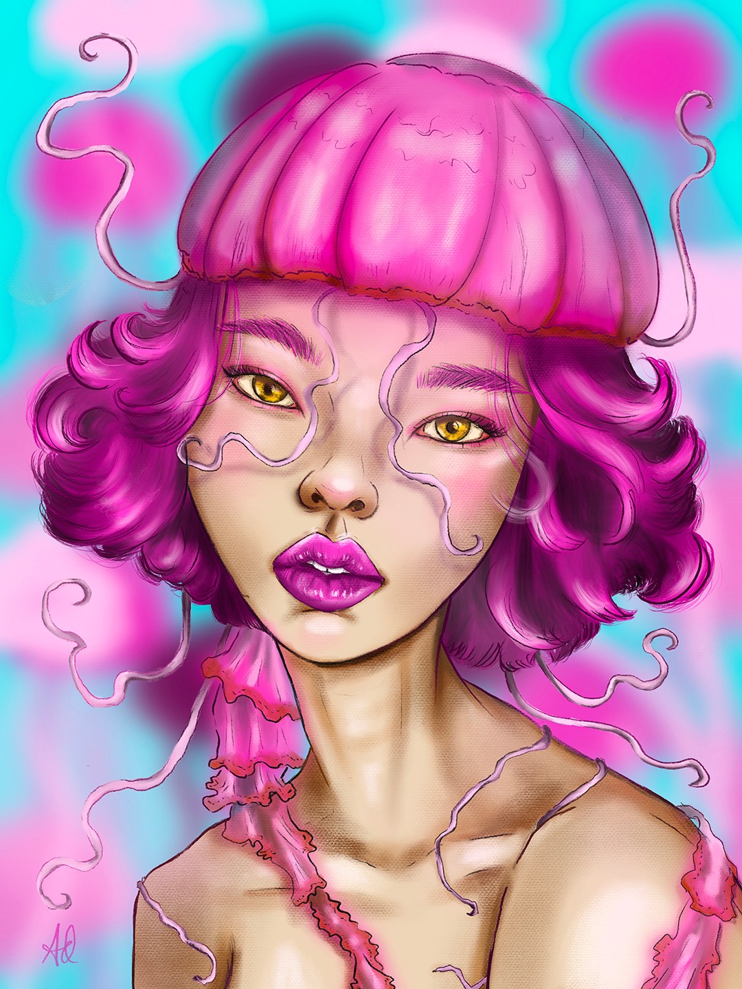 Portrait of a woman with pink hair, yellow eyes, and purple lipstick, surrounded by pink and purple swirling lines.