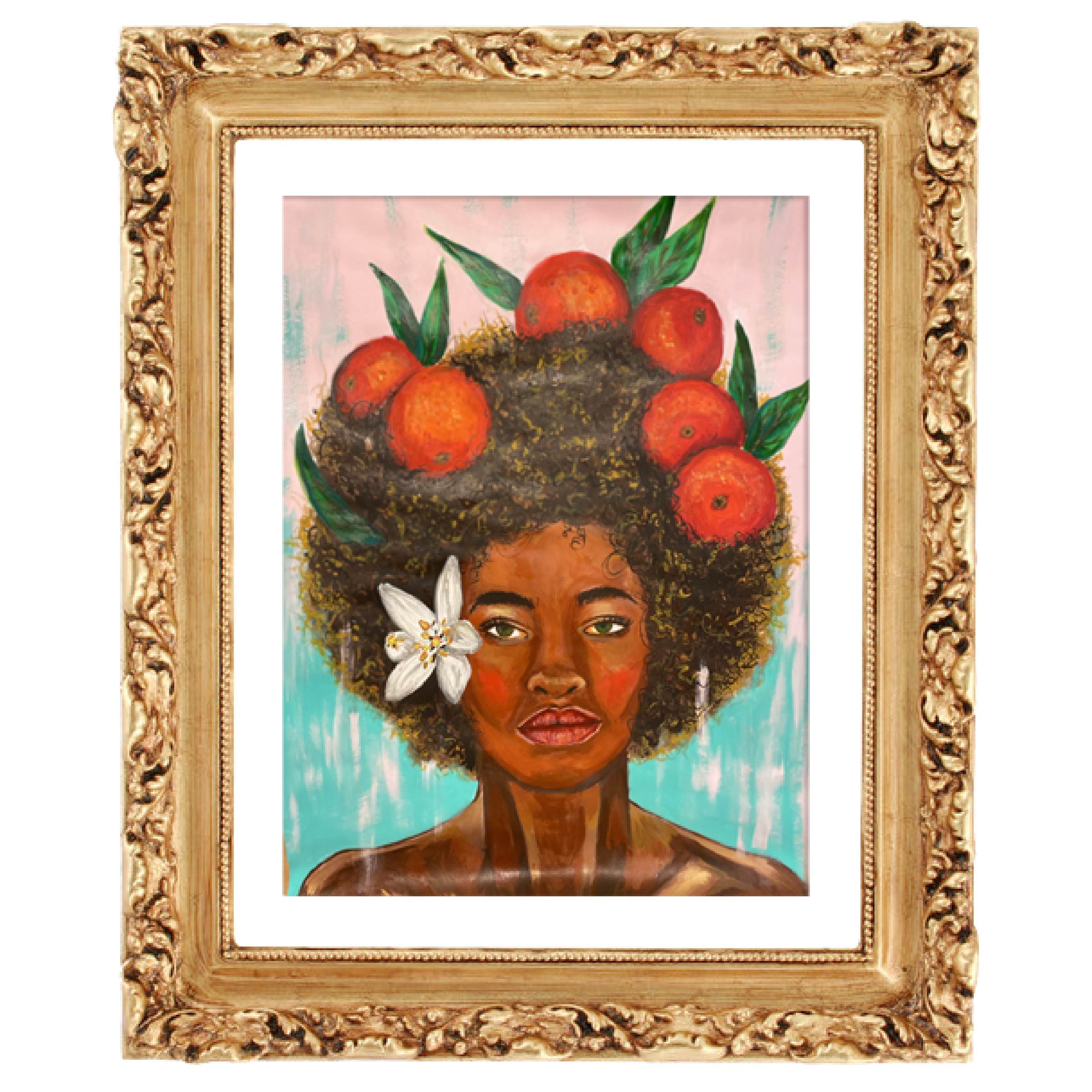 Portrait of a woman with an afro hairstyle decorated with oranges and a white flower, against a colorful background.