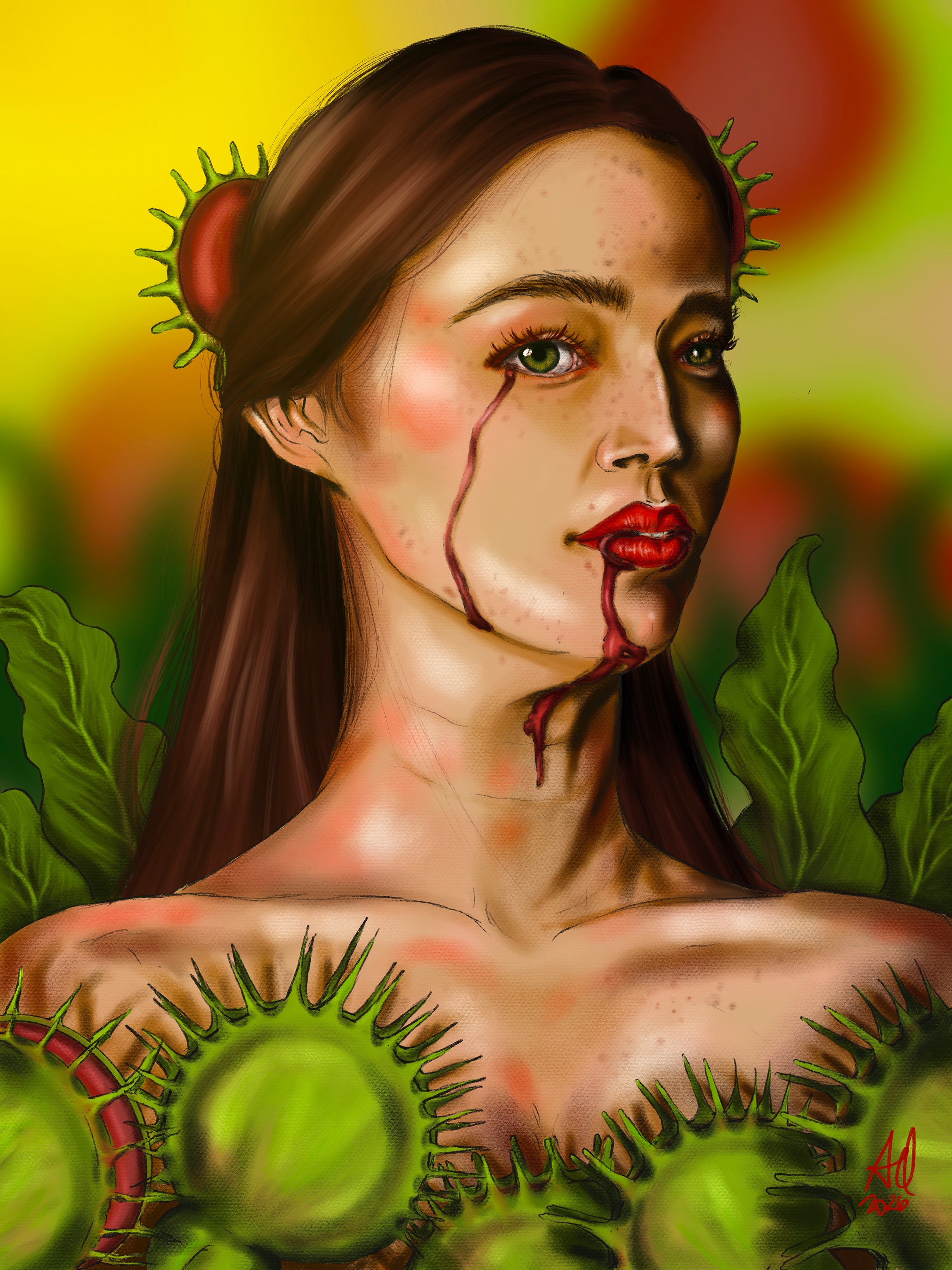 A woman with long brown hair and makeup, surrounded by green virus-like objects, with a colorful background.