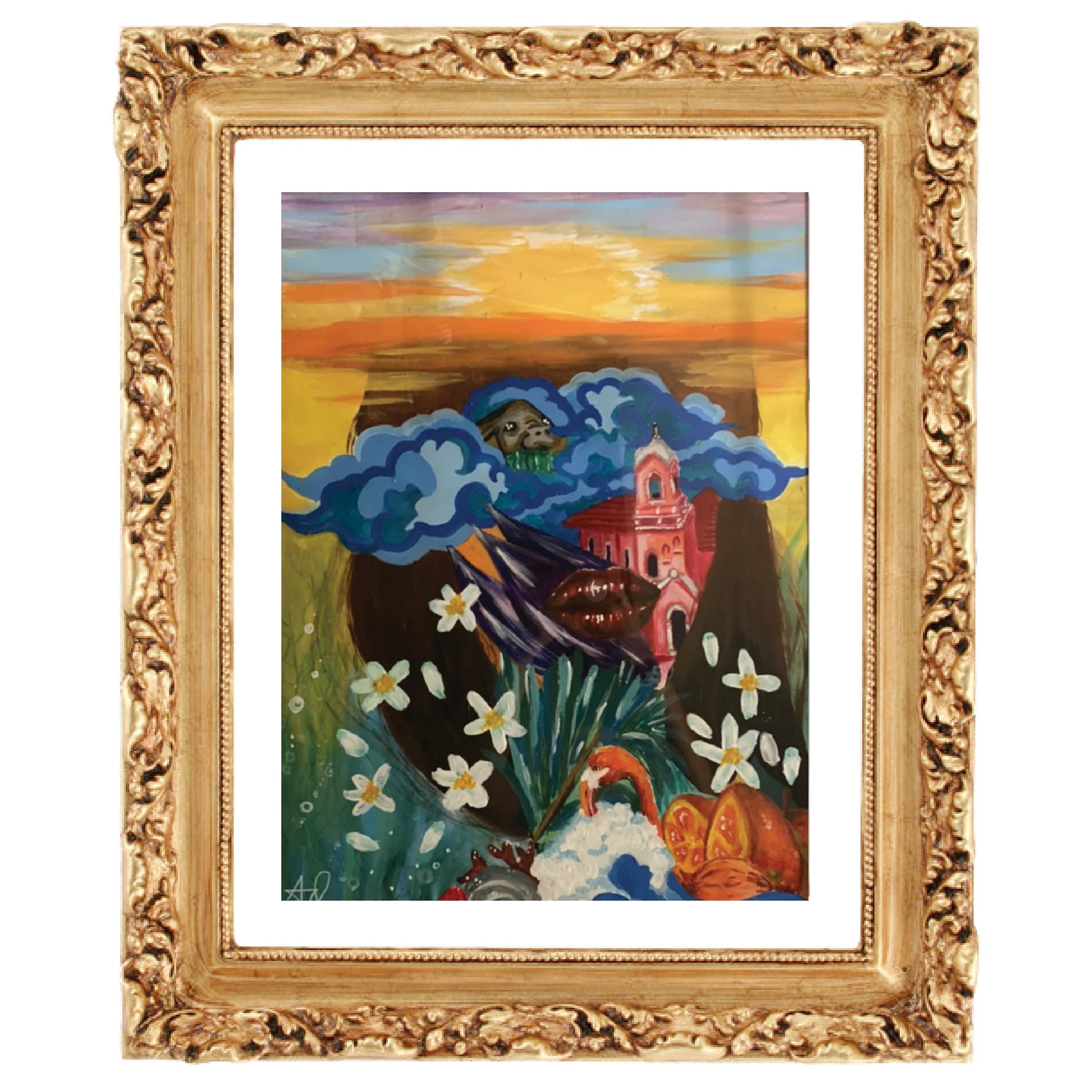 Colorful painting of a person with clouds, flowers, and a building, framed in an ornate gold frame.