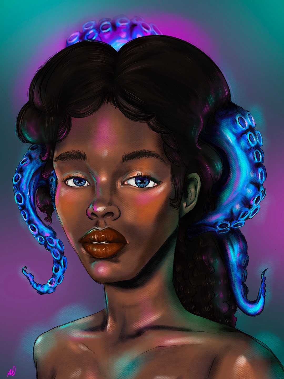 Portrait of a woman with dark hair and blue glowing hair accessories, vibrant background, and intense gaze.