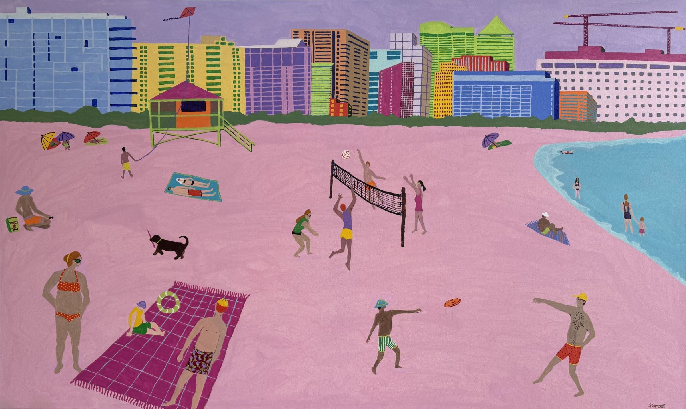 People playing volleyball, walking, and relaxing on a pink beach with city buildings in the background.