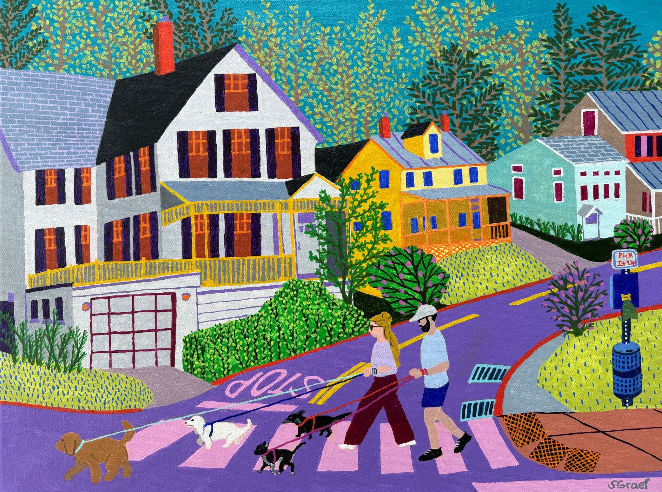 Colorful neighborhood with houses, trees, and people walking dogs on a curved street.