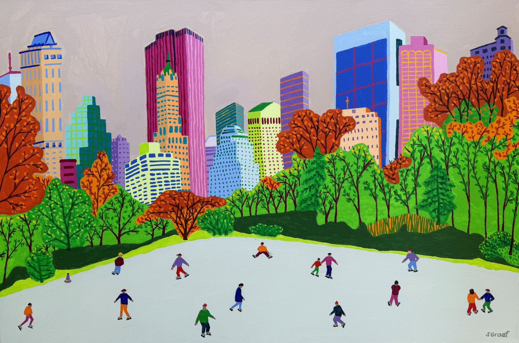 Colorful city skyline with tall buildings behind a park with trees and children ice skating.