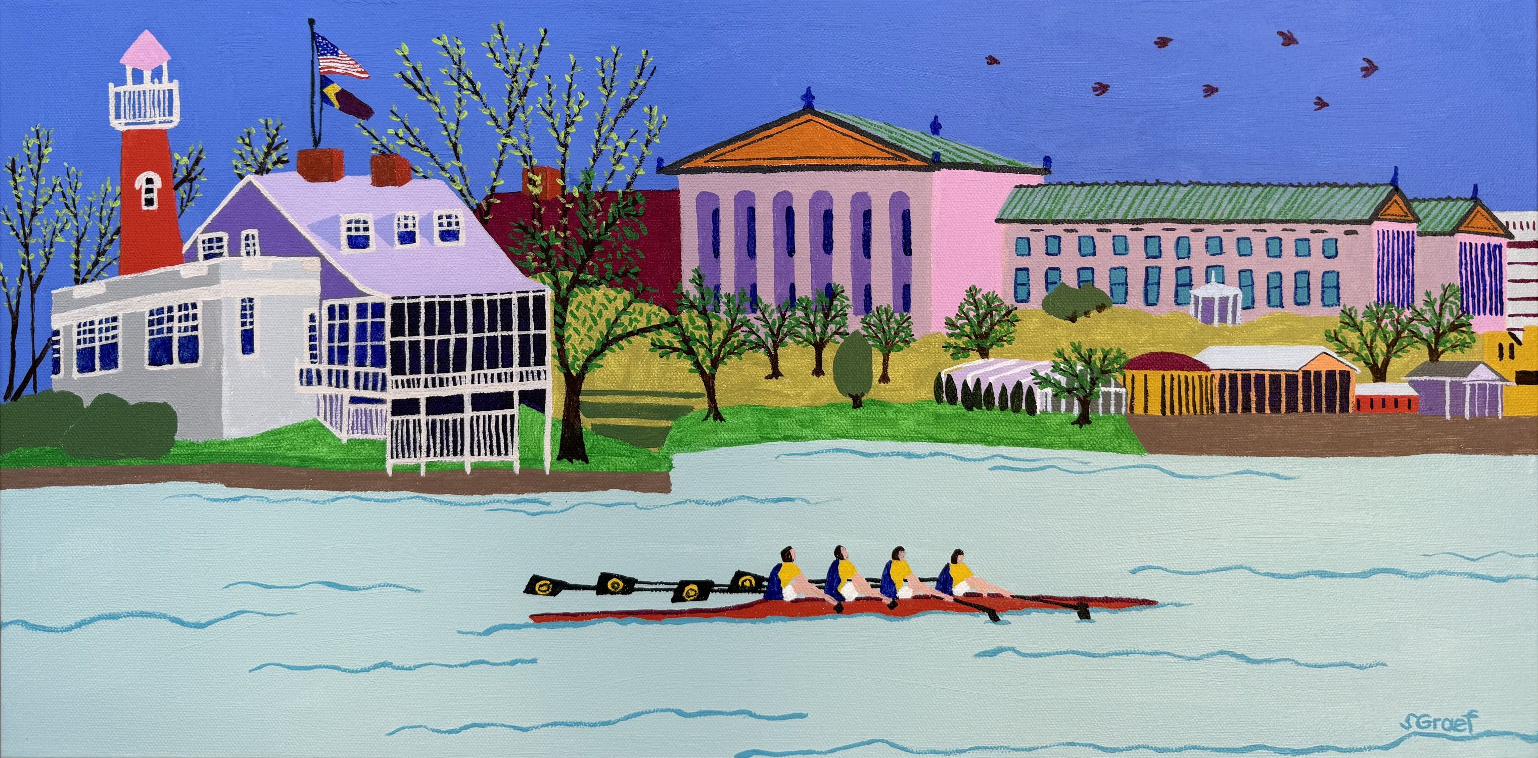 Colorful cityscape with buildings, trees, and a boat with people on water, under a blue sky.
