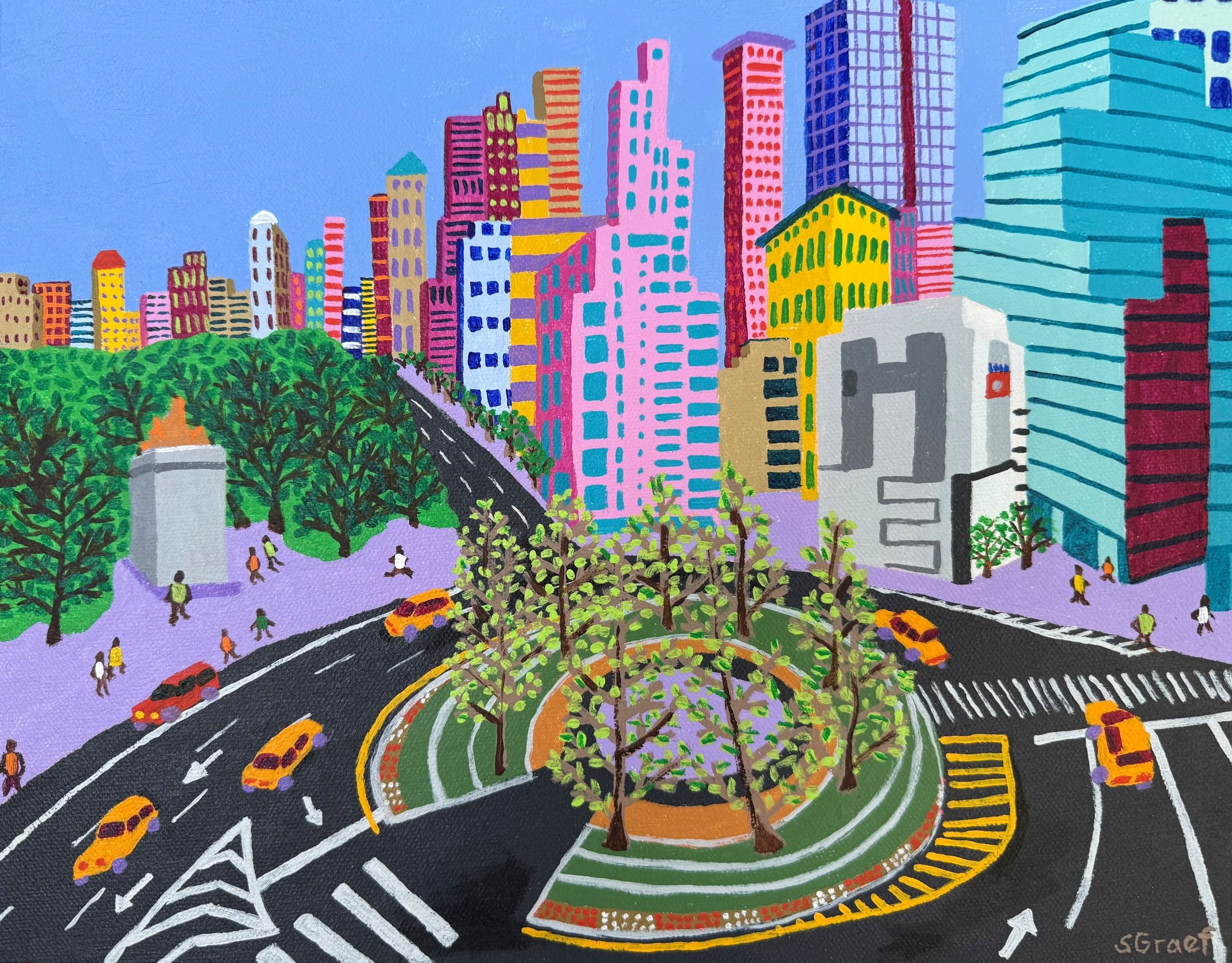Colorful cityscape with tall buildings, trees, and a roundabout with cars and pedestrians.