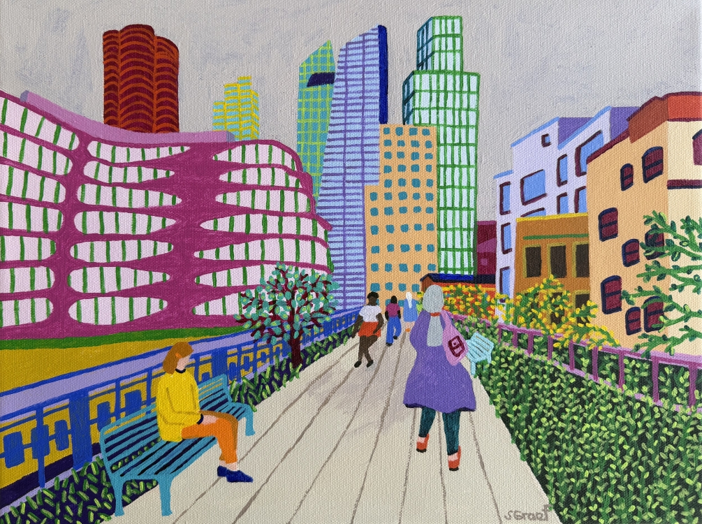 Colorful cityscape with modern buildings, people walking on a pathway, and benches with a person sitting, vibrant and lively scene.