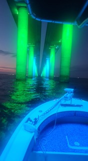 Green-lit columns with water reflection, blue and purple hues, and a sunset sky in the background.