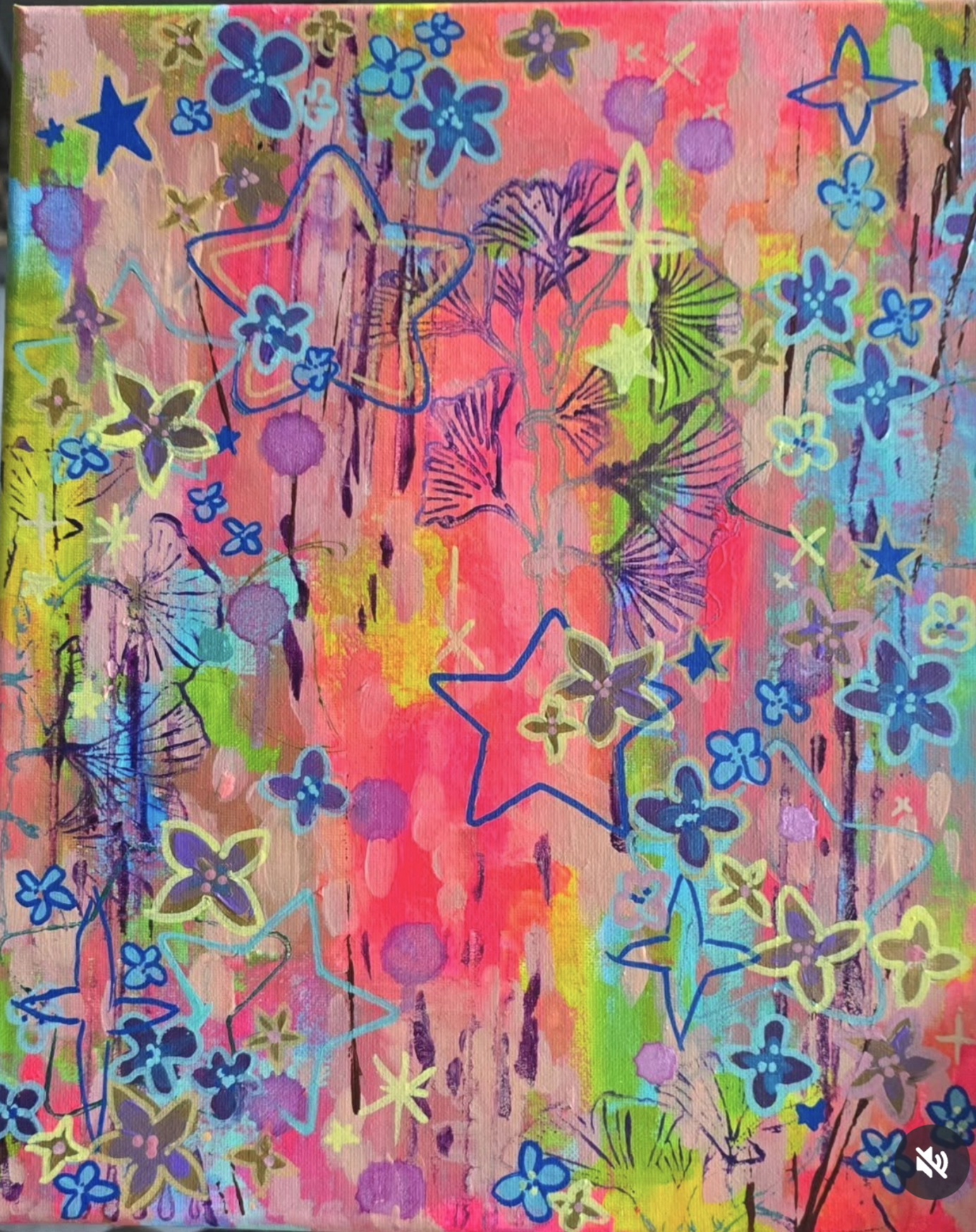 Colorful abstract background with stars, flowers, and splashes of pink, blue, green, and yellow paint, creating a vibrant pattern.