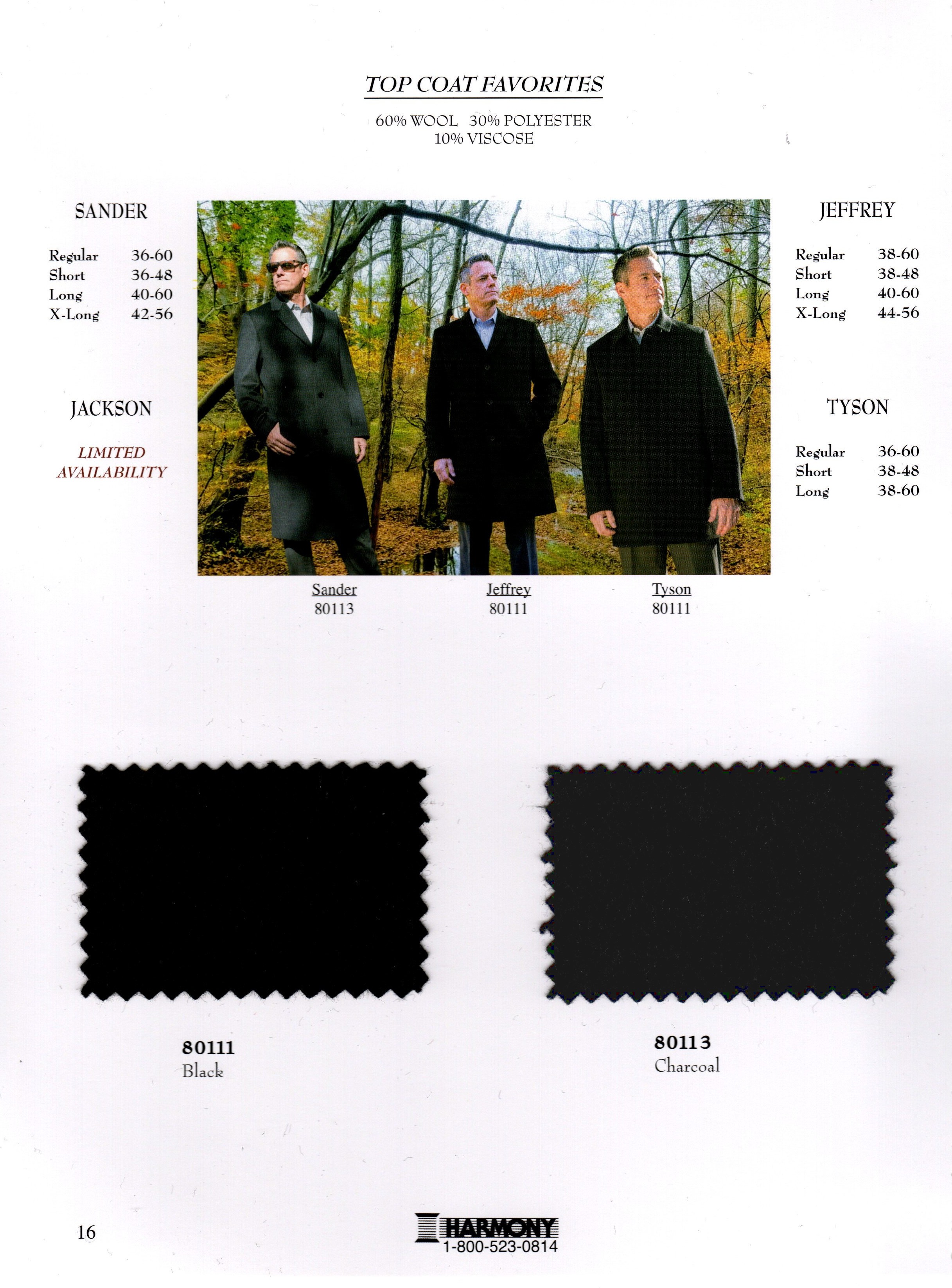 Three men in suits walking outdoors with trees in the background, under a list of top coat preferences and prices.