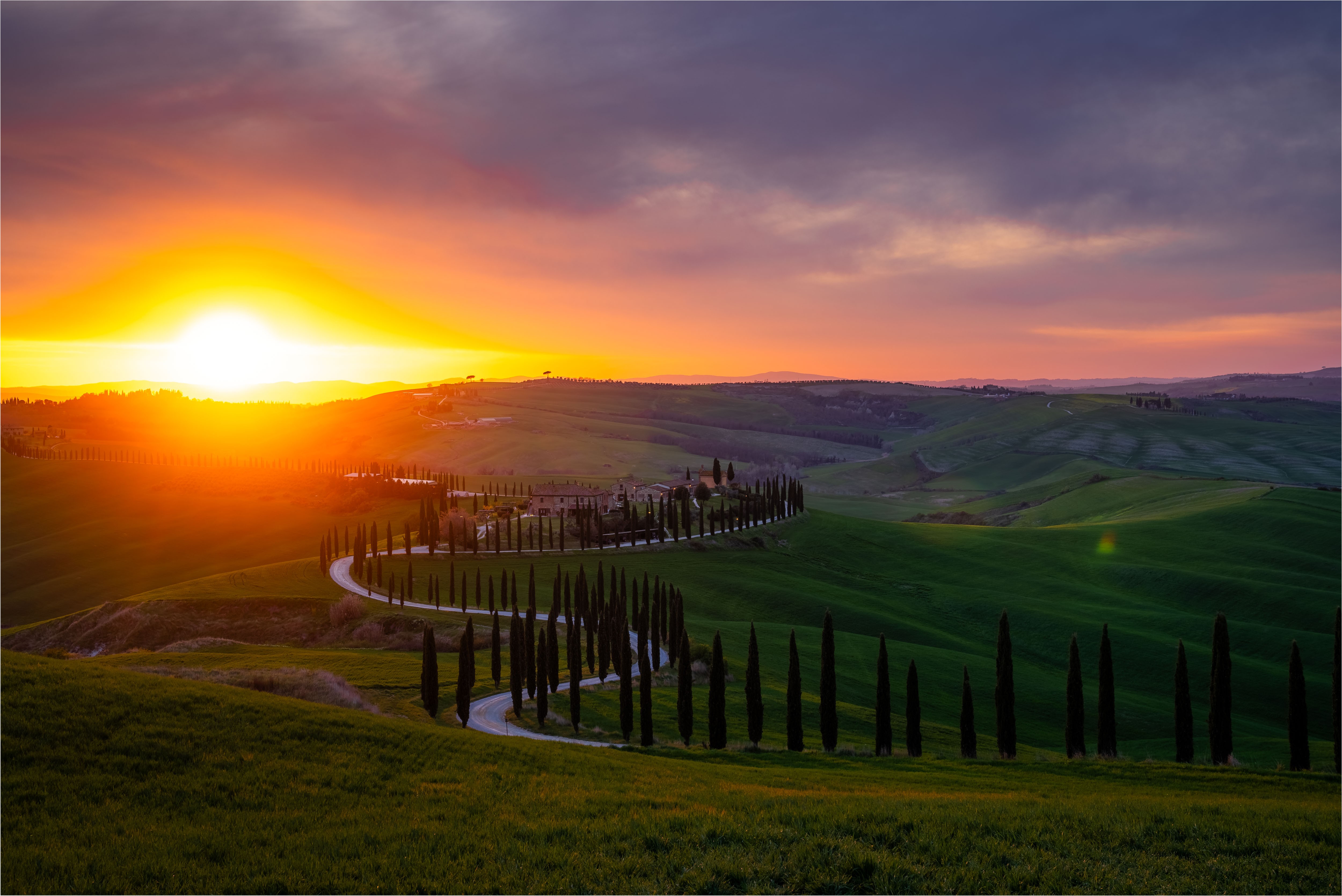 Sunset over rolling green hills with a winding road and tall cypress trees, colorful sky with clouds, peaceful landscape.