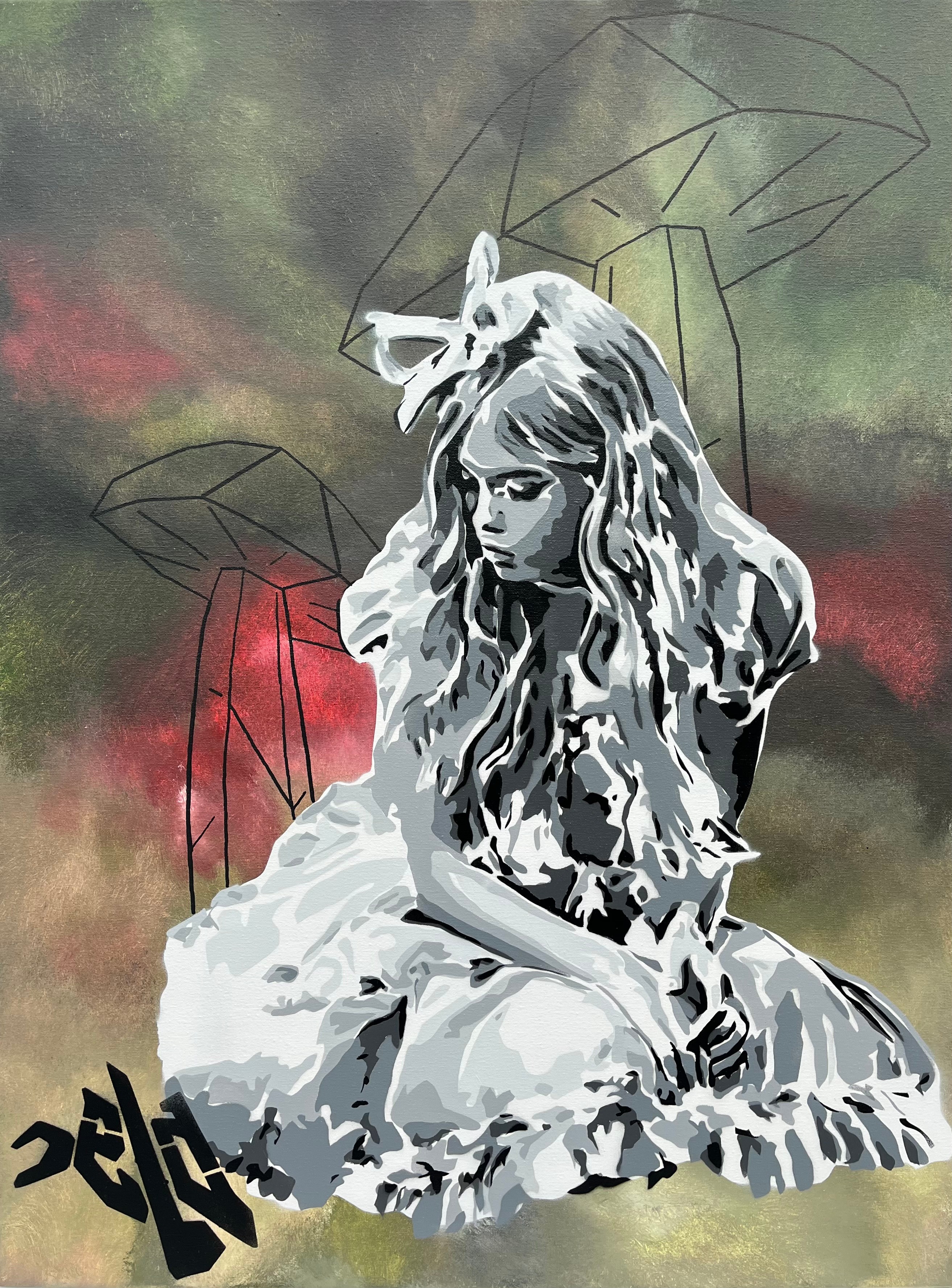 A girl with long, wavy hair sits with her head bowed, wearing a dress and a unicorn mask, with umbrellas in the background.