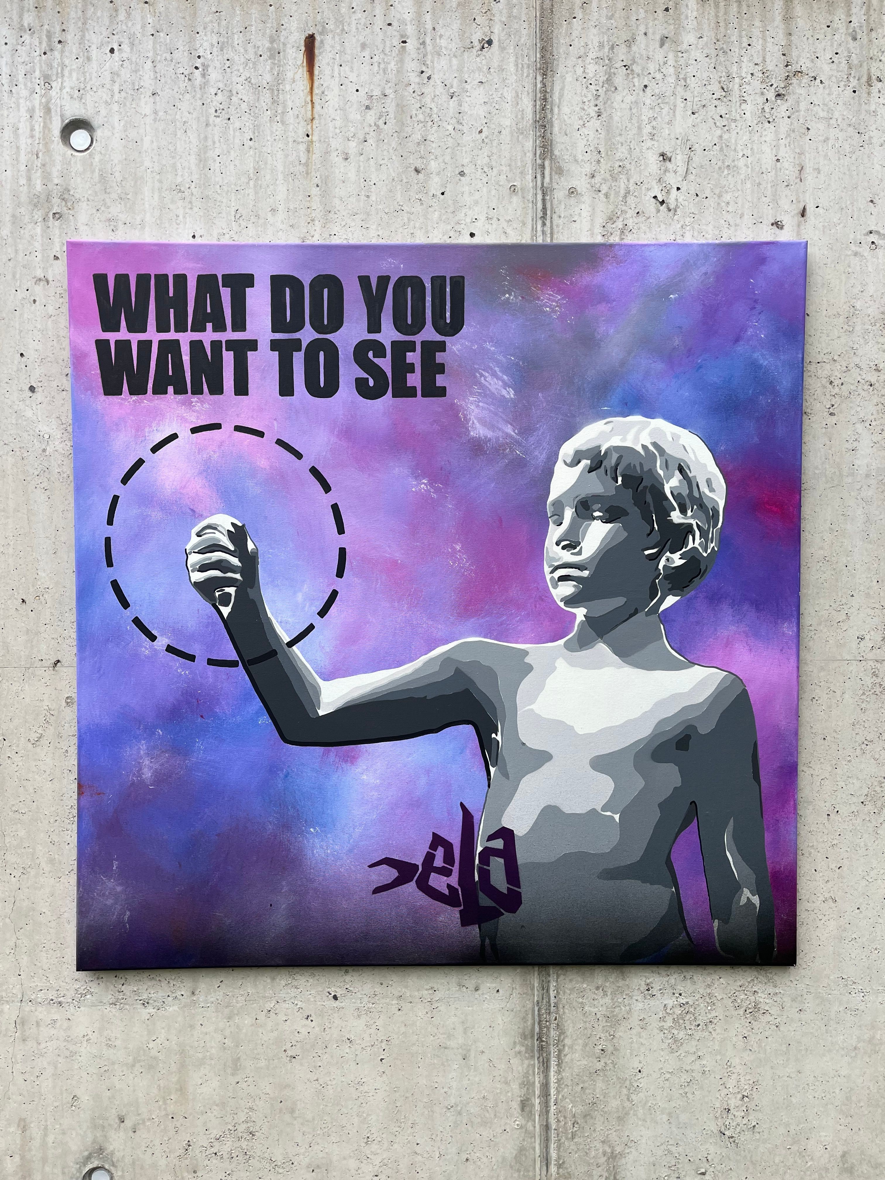 A poster features a grayscale statue of a person holding a spray can, with a purple and blue galaxy background and text.