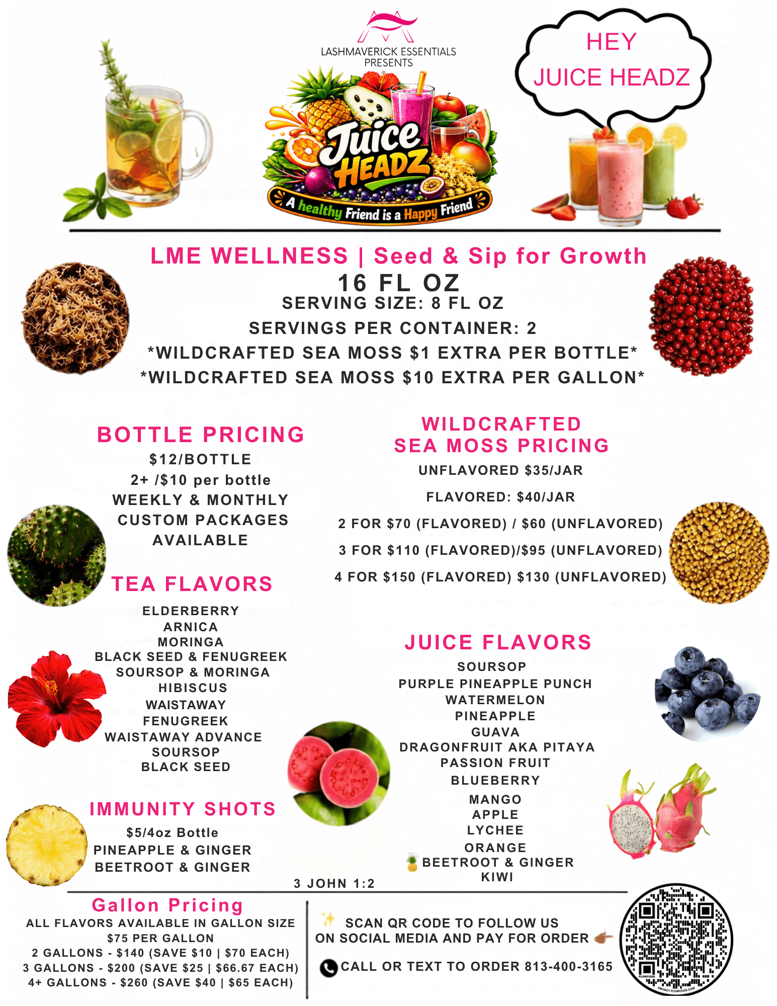 Juice Headz logo with fruit images, menu items, prices, and flavor options for beverages and supplements, with colorful text and graphics.