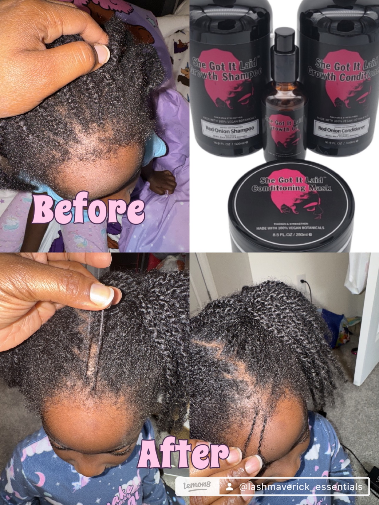 Comparison of hair before and after using hair care products, showing improved hair texture and appearance, with product bottles in the background.
