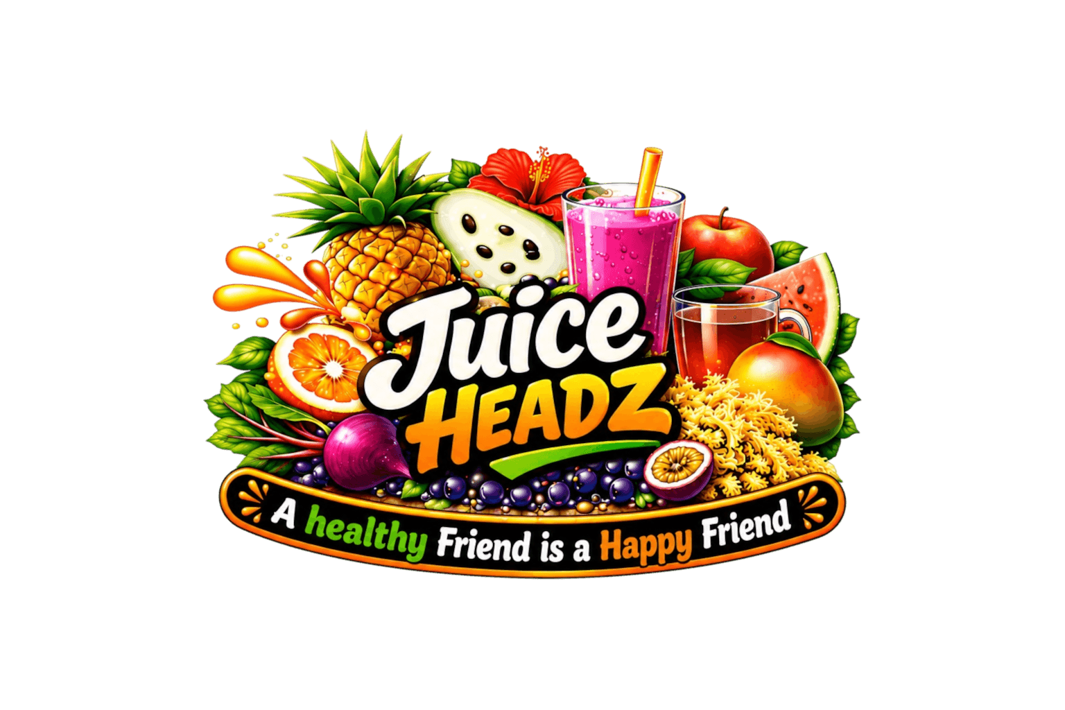 Colorful assortment of fruits and drinks with the text 'Juice HEADZ' and a slogan about healthy friendship.
