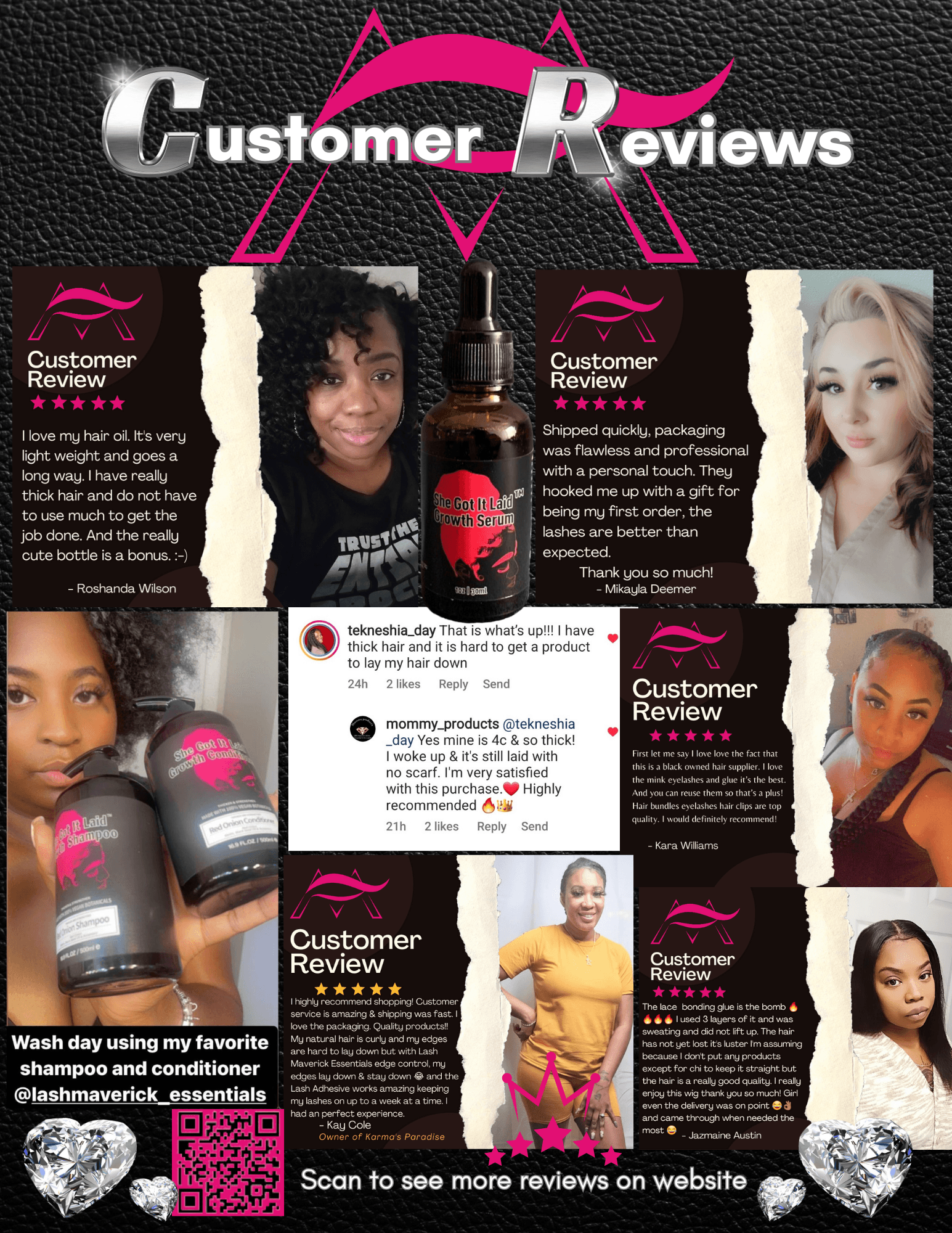 Collage of customer reviews, photos, and products with text and graphics on a black textured background, promoting customer feedback.