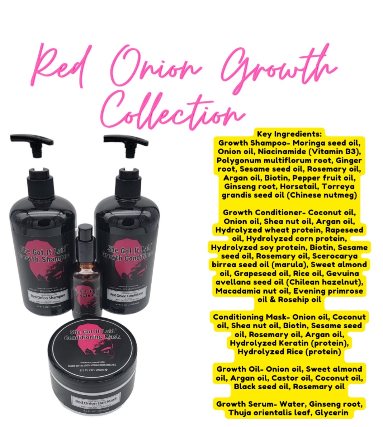 Two black bottles with pink labels and pump dispensers, labeled 'Red Onion Growth Collection,' with yellow highlighted ingredient list.