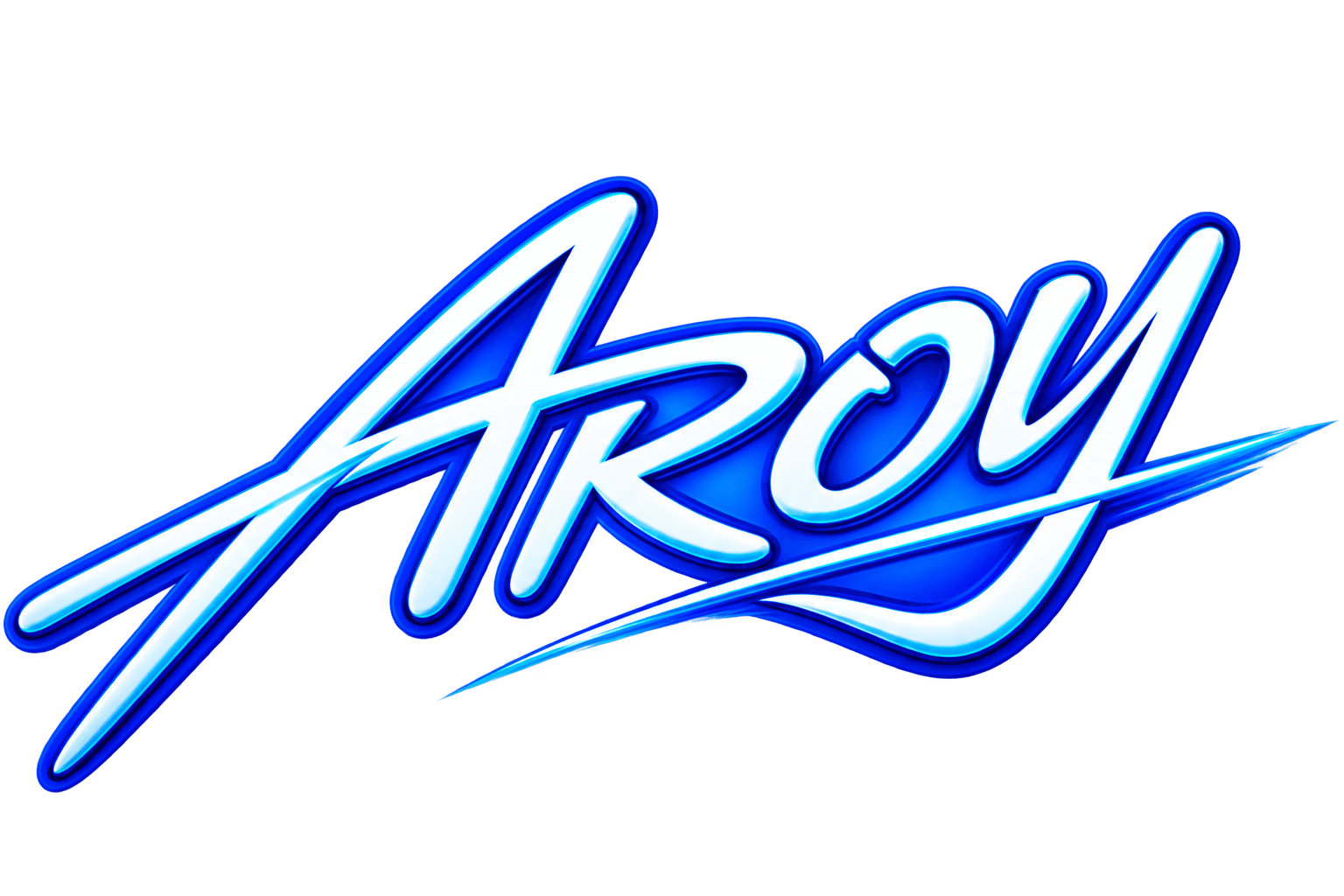 Bright blue neon-style text spelling 'Akroy' on a black background.