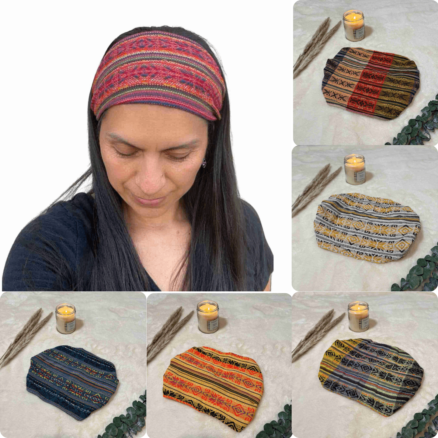 Woman wearing a colorful patterned headband, four additional headbands with different patterns and colors, candles, and decorative items on a table.