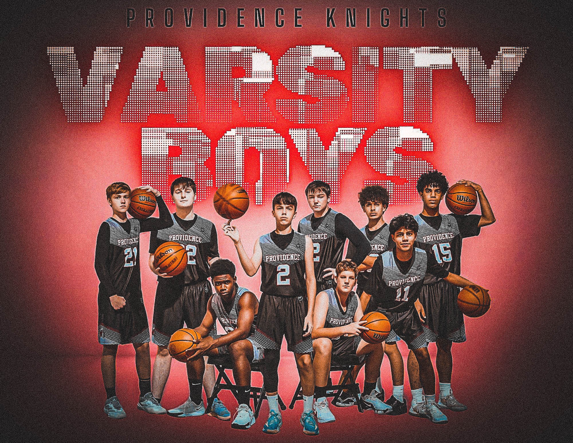 Group of young basketball players in black uniforms holding basketballs, with a red background and text reading 'Varsity Boys'.