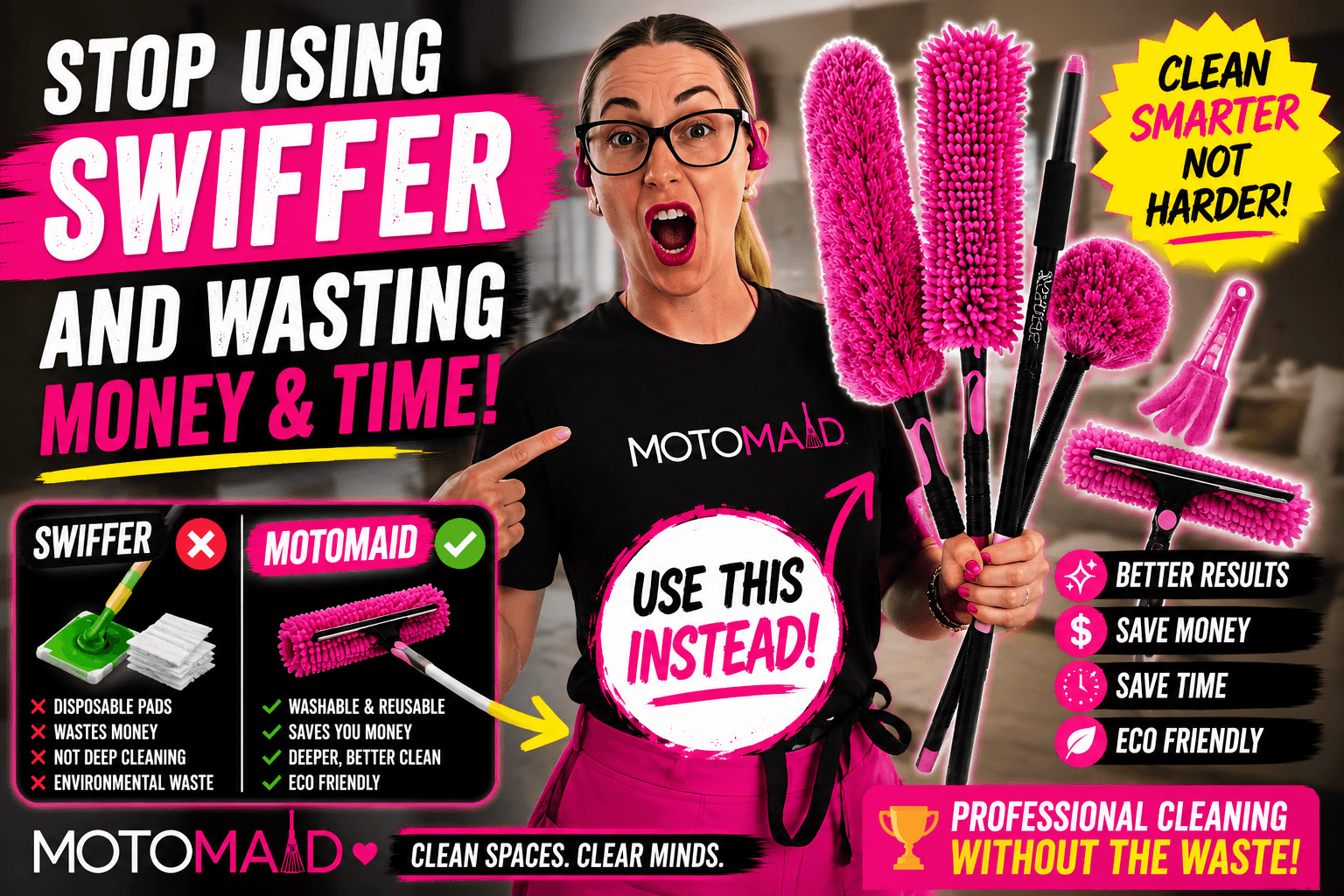 Woman holding pink cleaning tools, text promoting swiffer and motomaid, with various icons and slogans, colorful background.