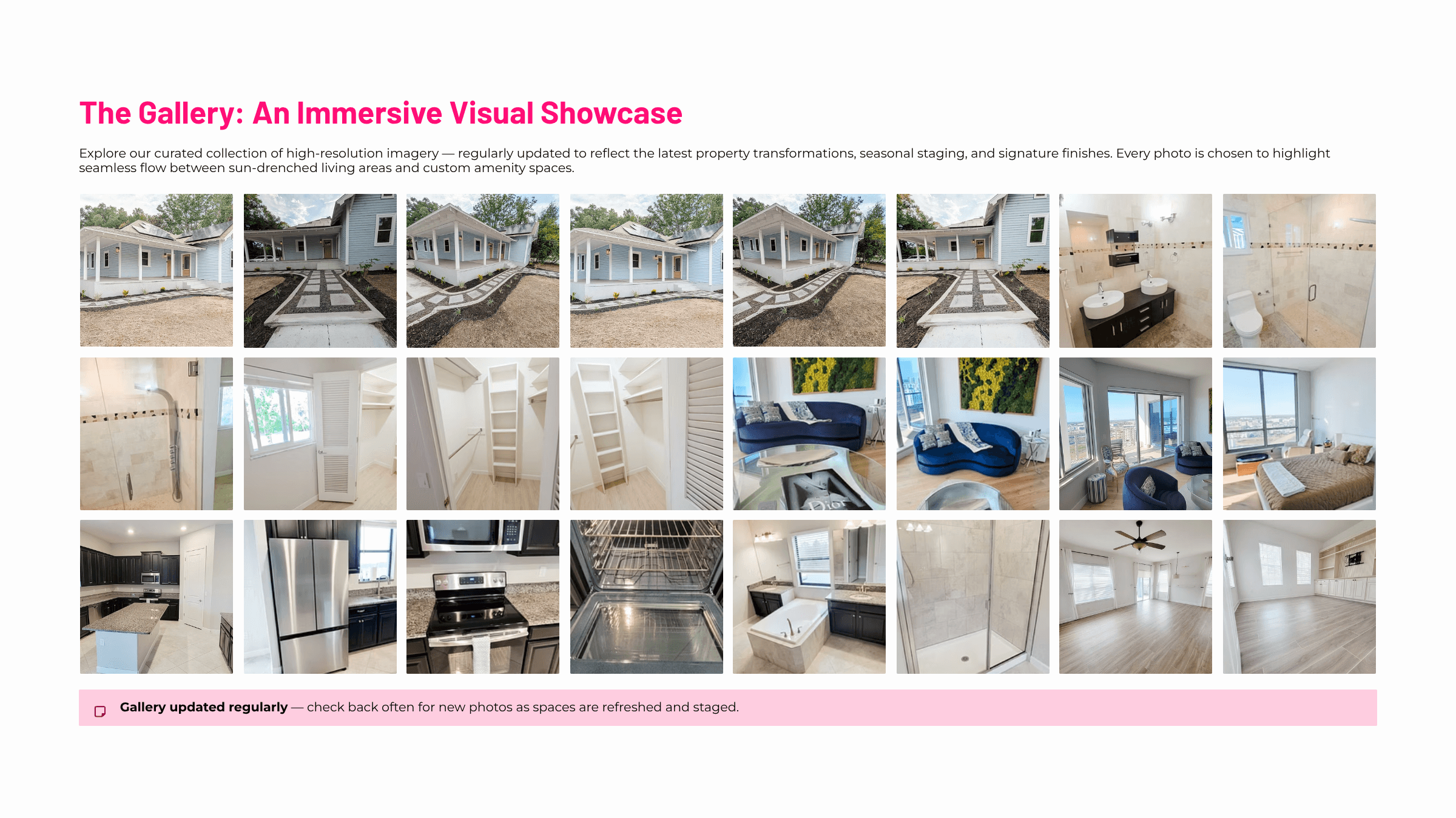 Collage of interior and exterior images of a house, including stairs, rooms, and furniture, with text about an immersive visual showcase.