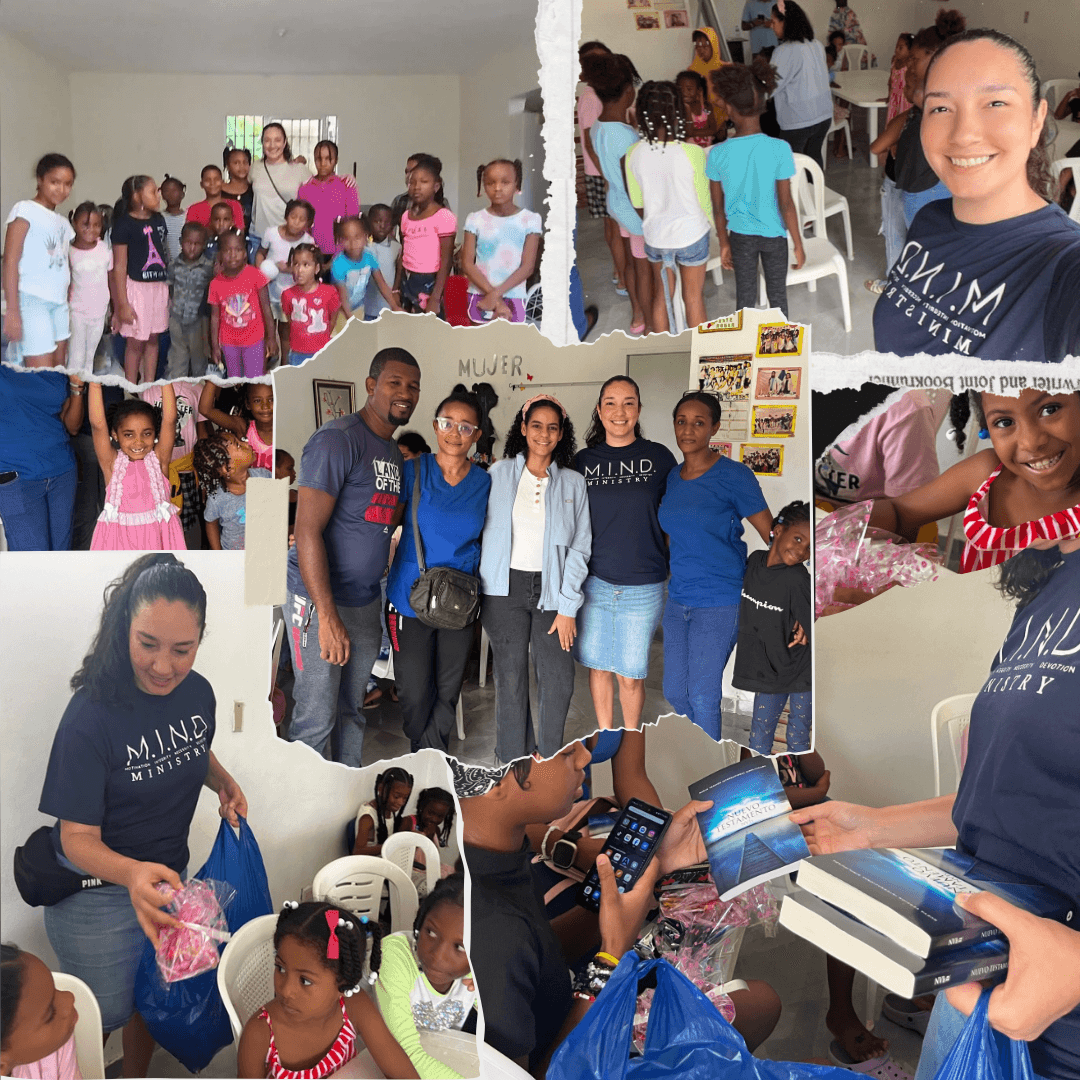 Collage of children and adults at a gathering, some smiling, some in group photos, with activities and books visible.